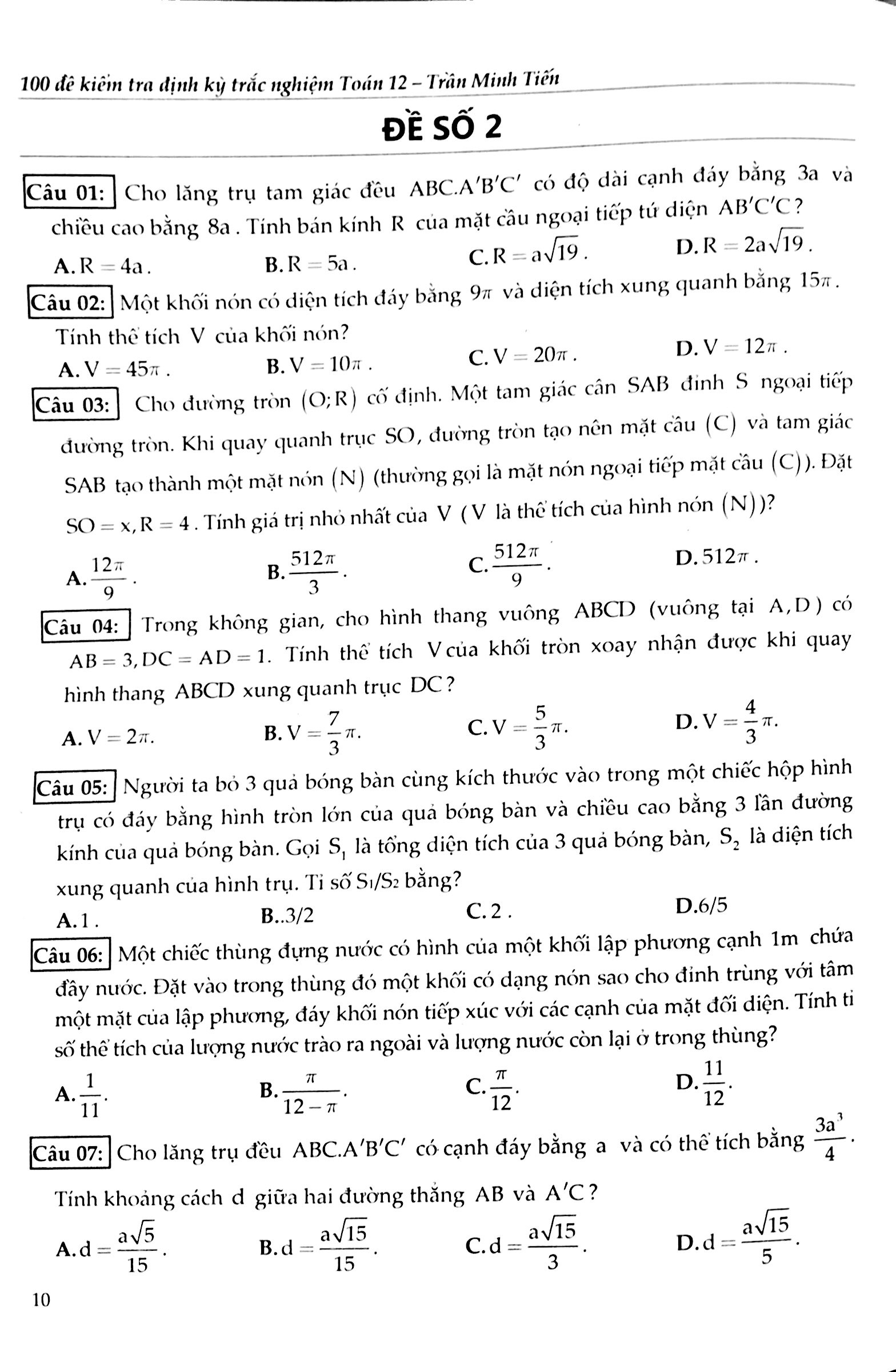 100 đề kiểm tra định kì trắc nghiệm toán 12