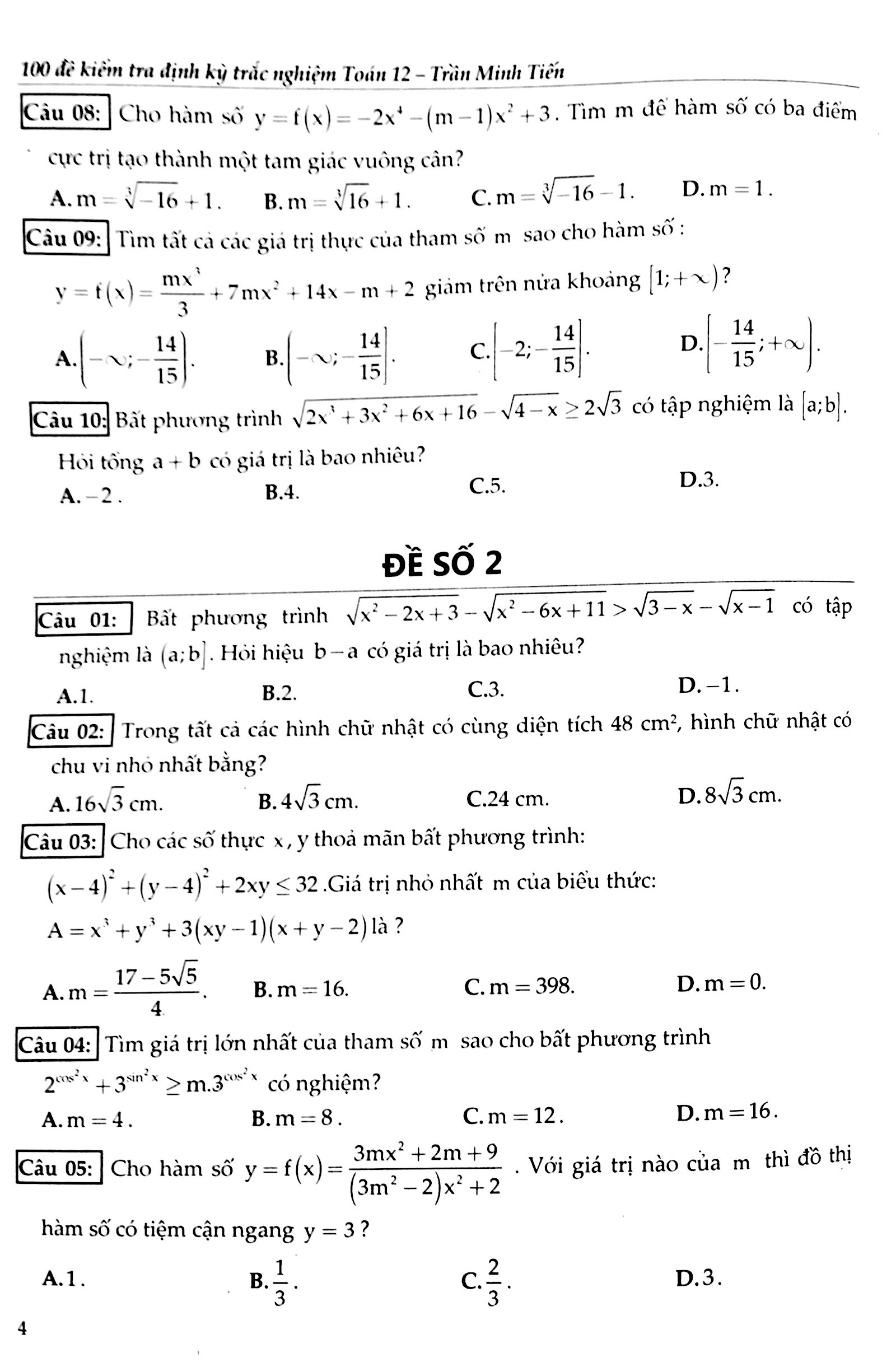 100 đề kiểm tra định kì trắc nghiệm toán 12
