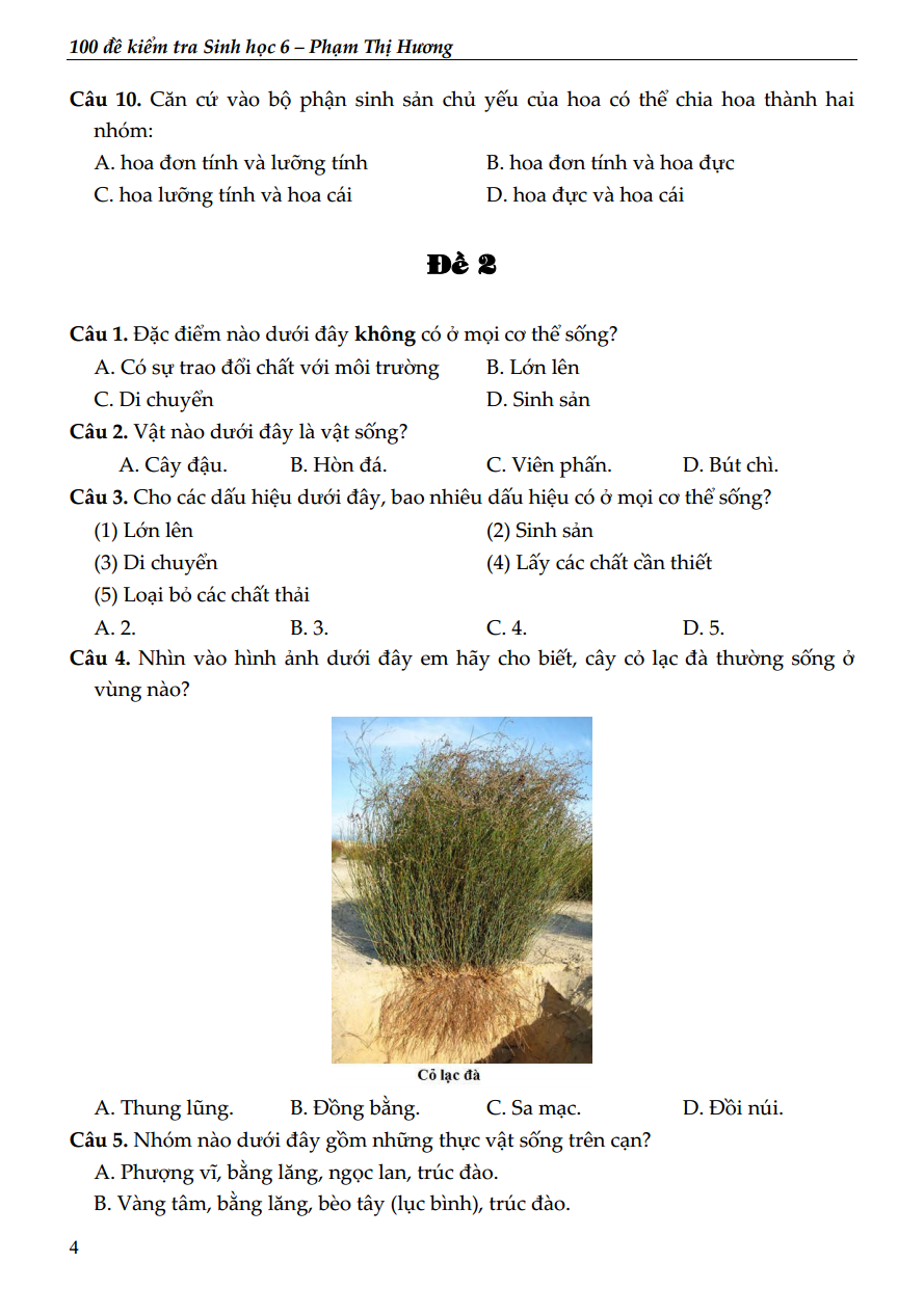 100 đề kiểm tra sinh học 6
