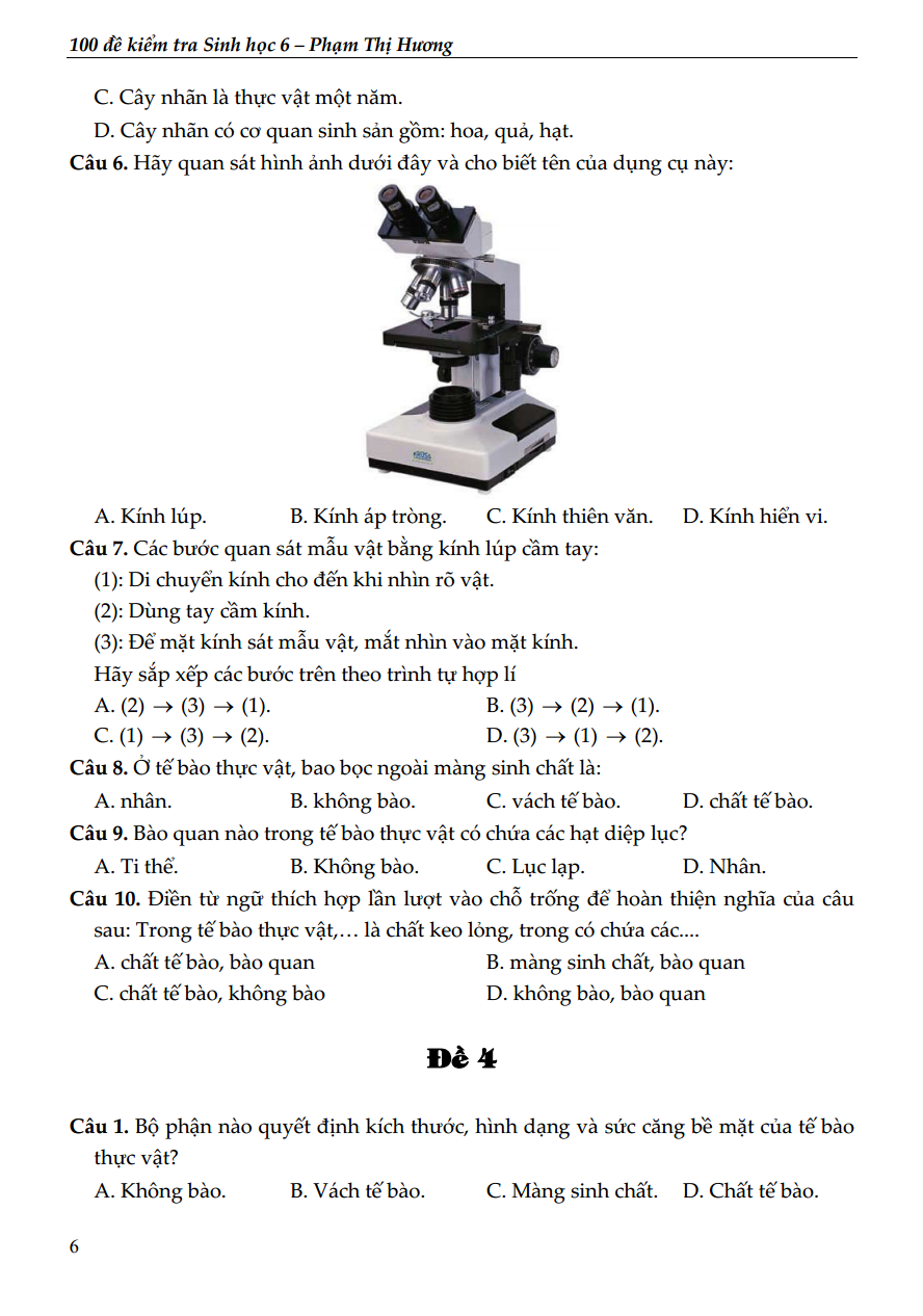 100 đề kiểm tra sinh học 6