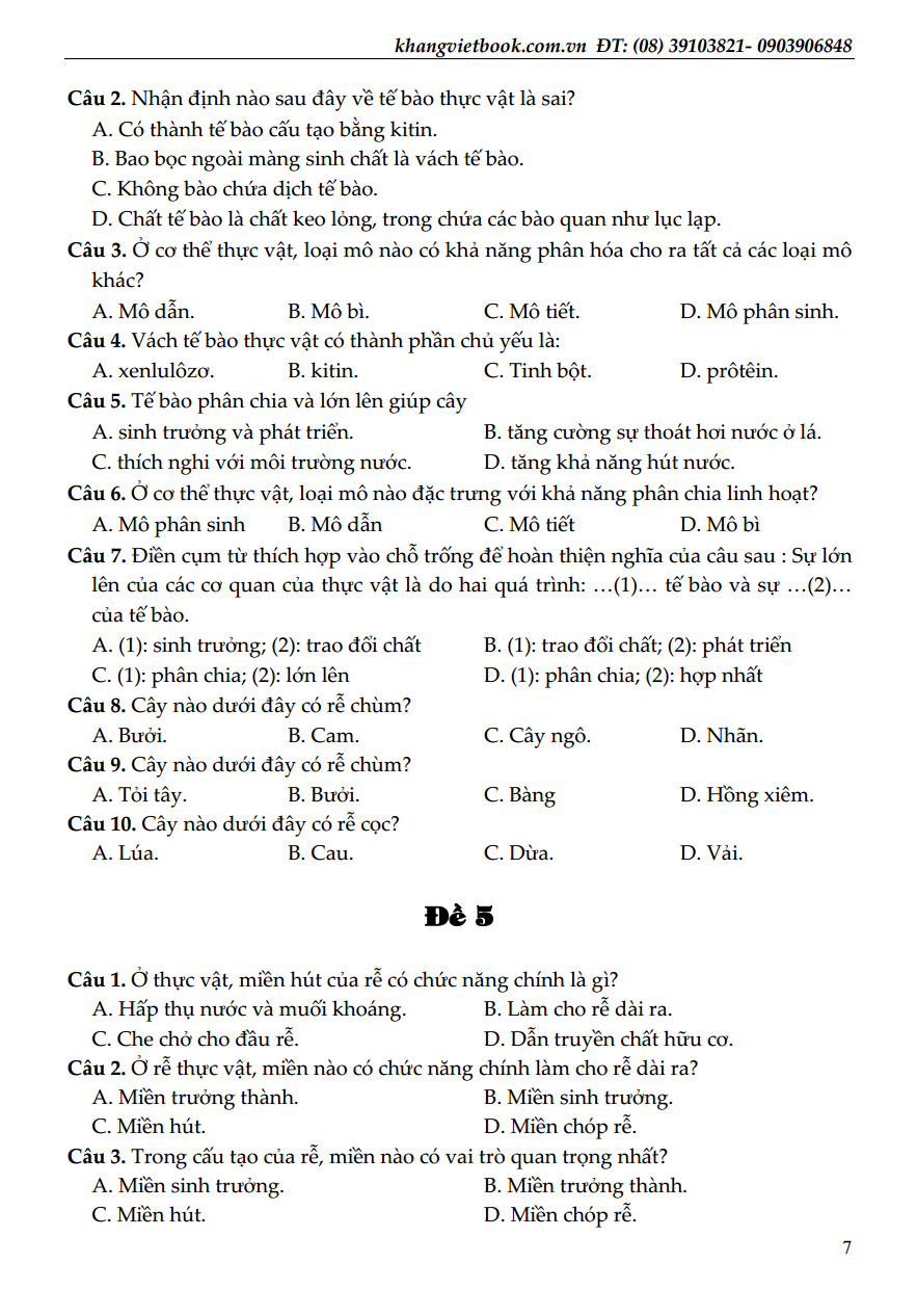 100 đề kiểm tra sinh học 6