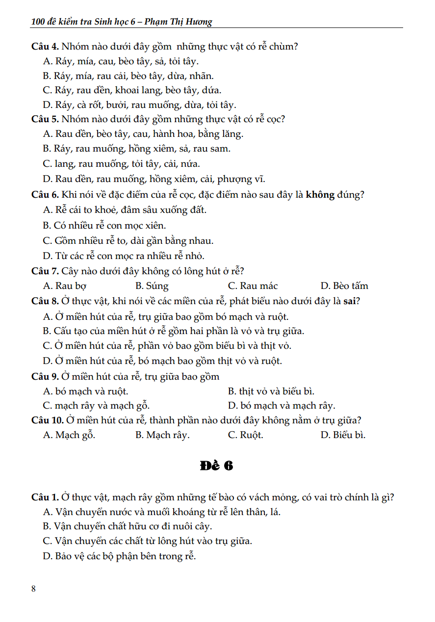 100 đề kiểm tra sinh học 6