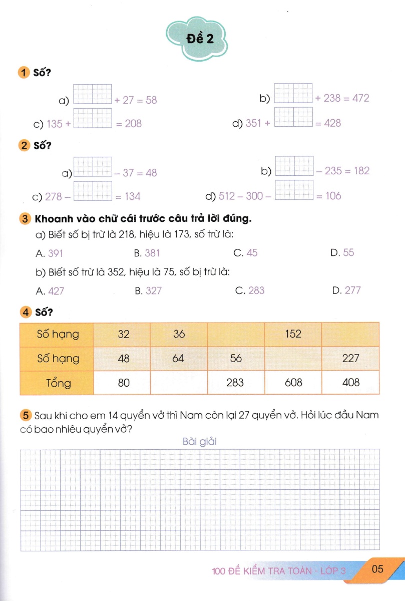 100 đề kiểm tra toán 3