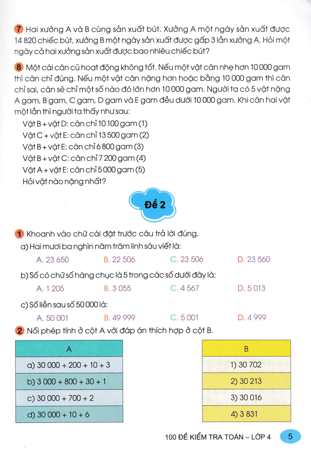 100 đề kiểm tra toán 4