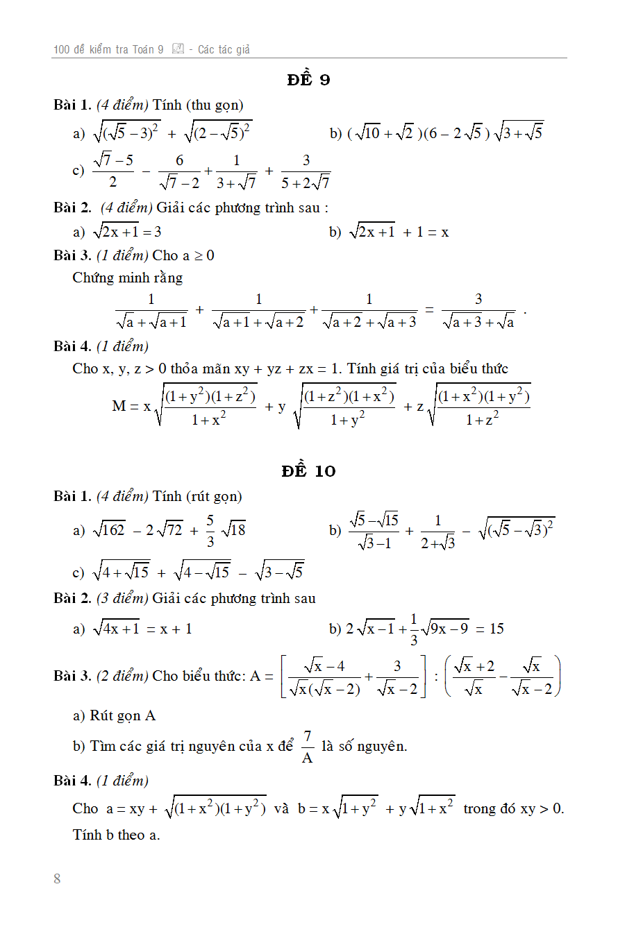 100 đề kiểm tra toán 9
