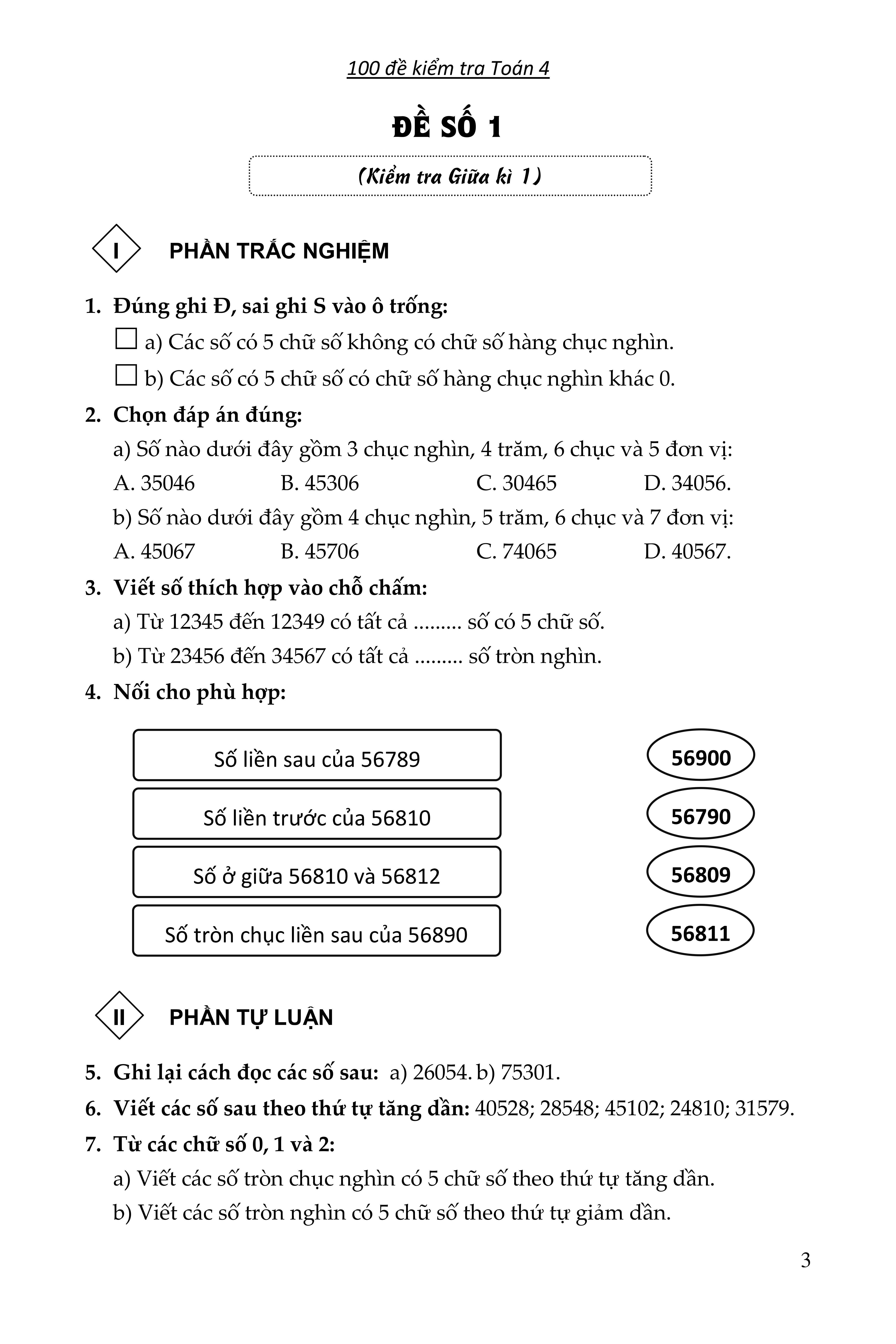 100 đề kiểm tra toán giúp em đạt điểm 10 môn toán 4