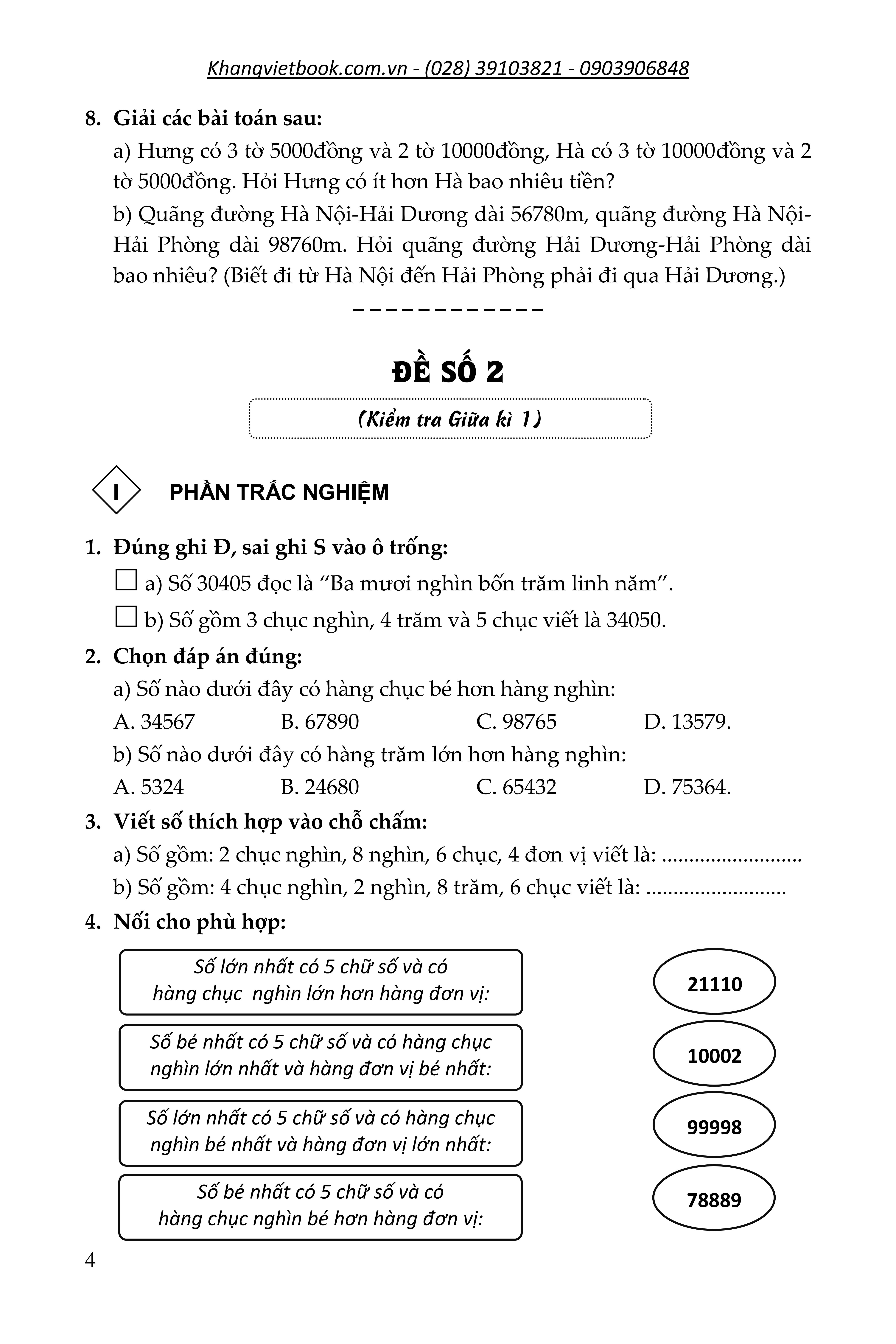 100 đề kiểm tra toán giúp em đạt điểm 10 môn toán 4