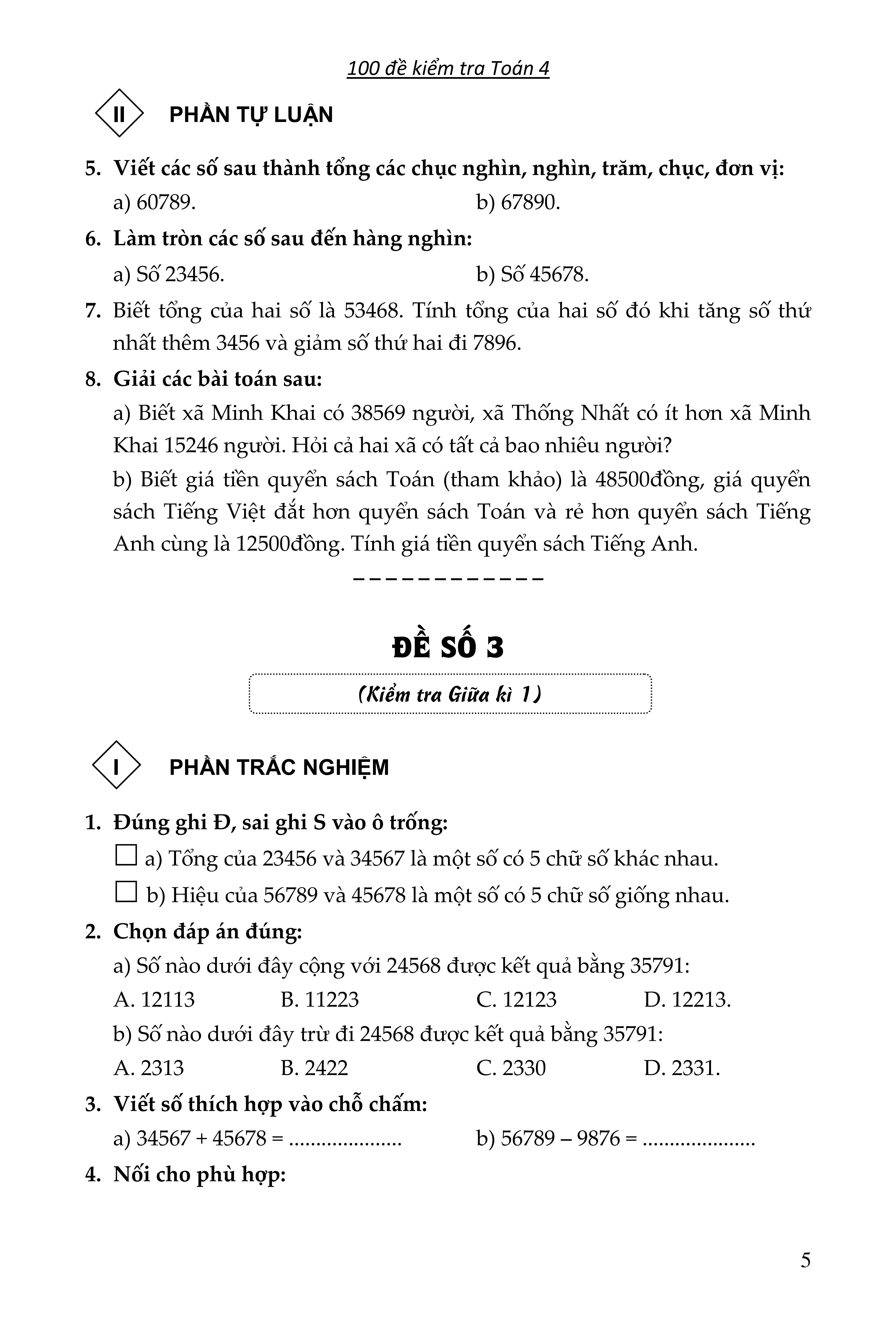100 đề kiểm tra toán giúp em đạt điểm 10 môn toán 4