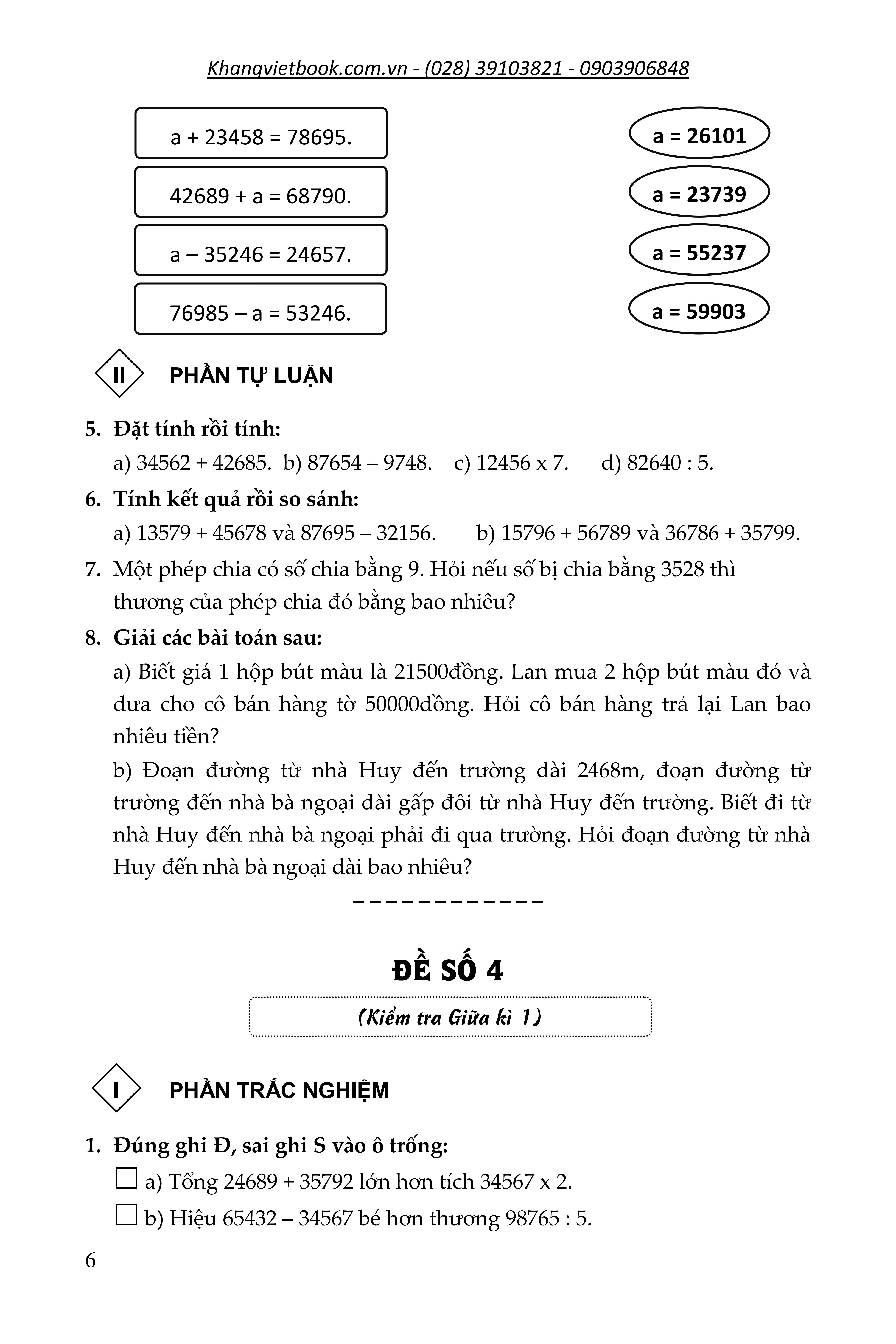 100 đề kiểm tra toán giúp em đạt điểm 10 môn toán 4