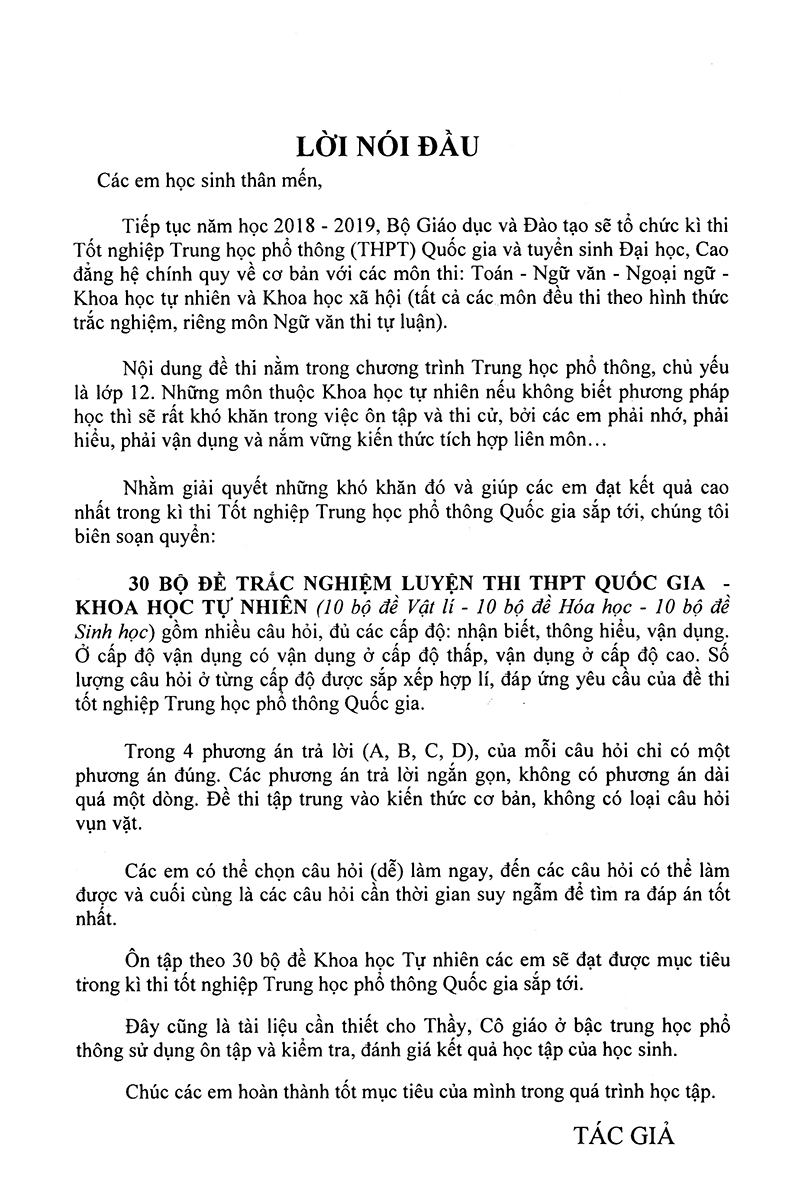 30 bộ đề trắc nghiệm luyện thi thpt quốc gia 2019 - khoa học tự nhiên (vật lí - hóa học - sinh học)