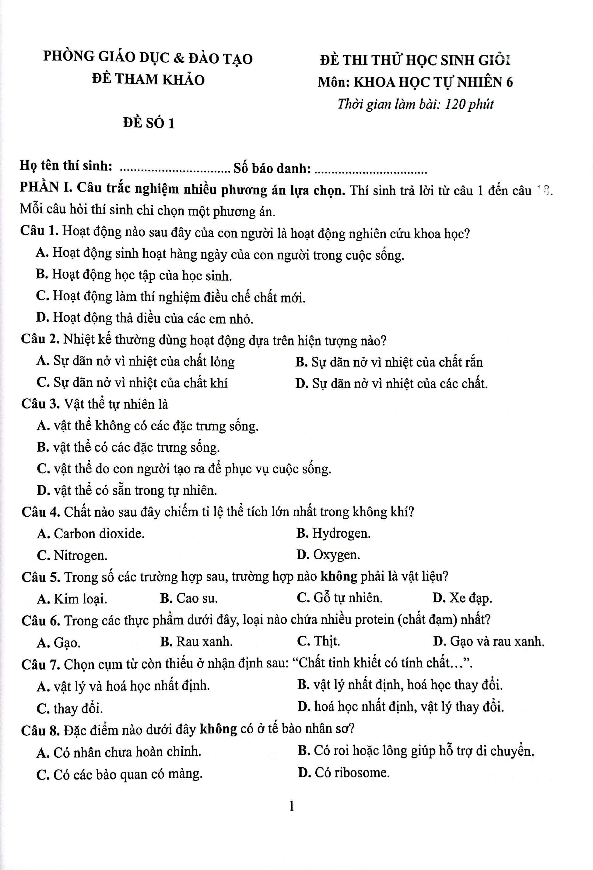 36 đề thi học sinh giỏi khoa học tự nhiên lớp 6 (biên soạn theo cấu trúc mới - dùng chung cho các bộ sgk hiện hành)