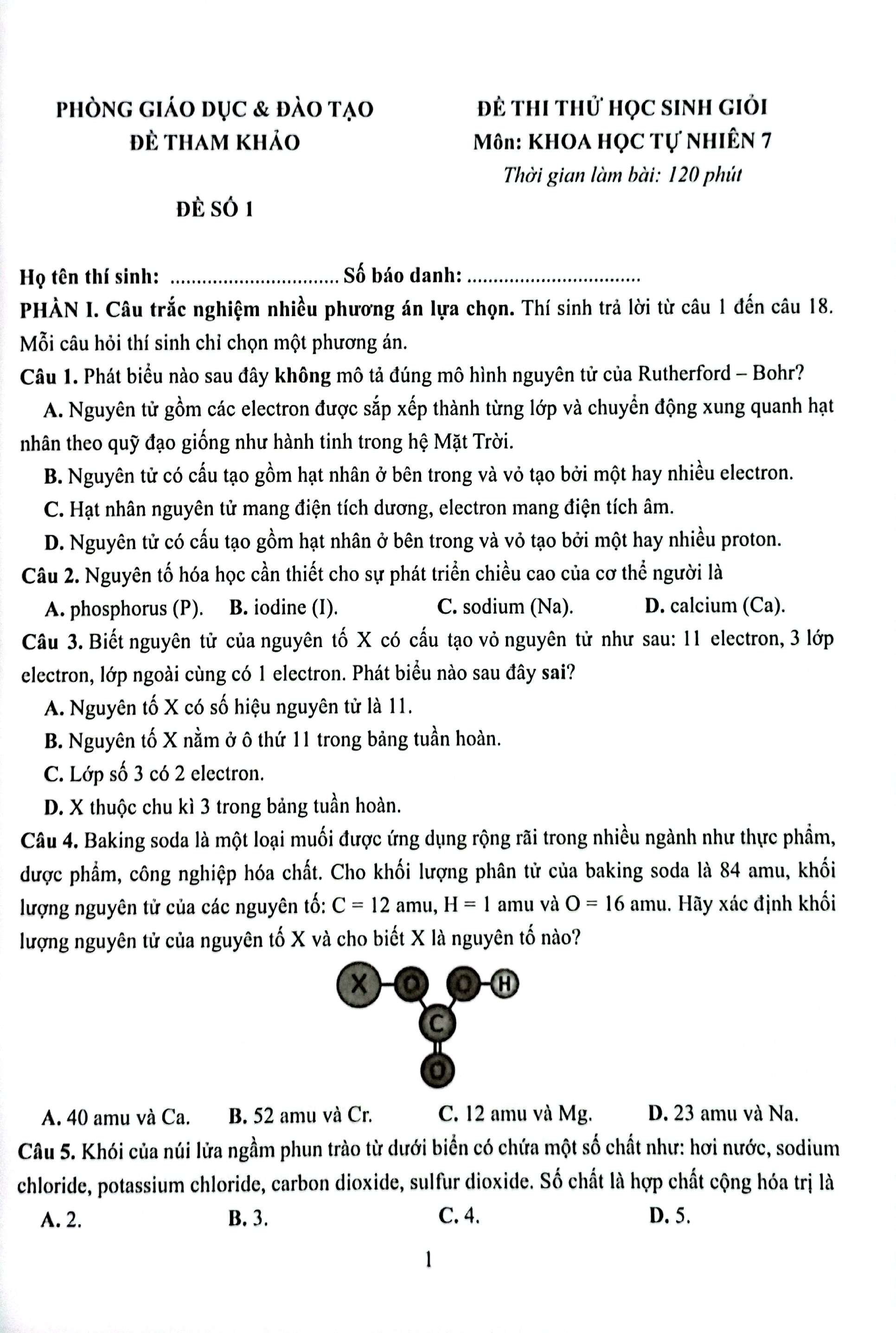 37 đề thi học sinh giỏi khoa học tự nhiên lớp 7 (biên soạn theo cấu trúc mới - dùng chung cho các bộ sgk hiện hành)