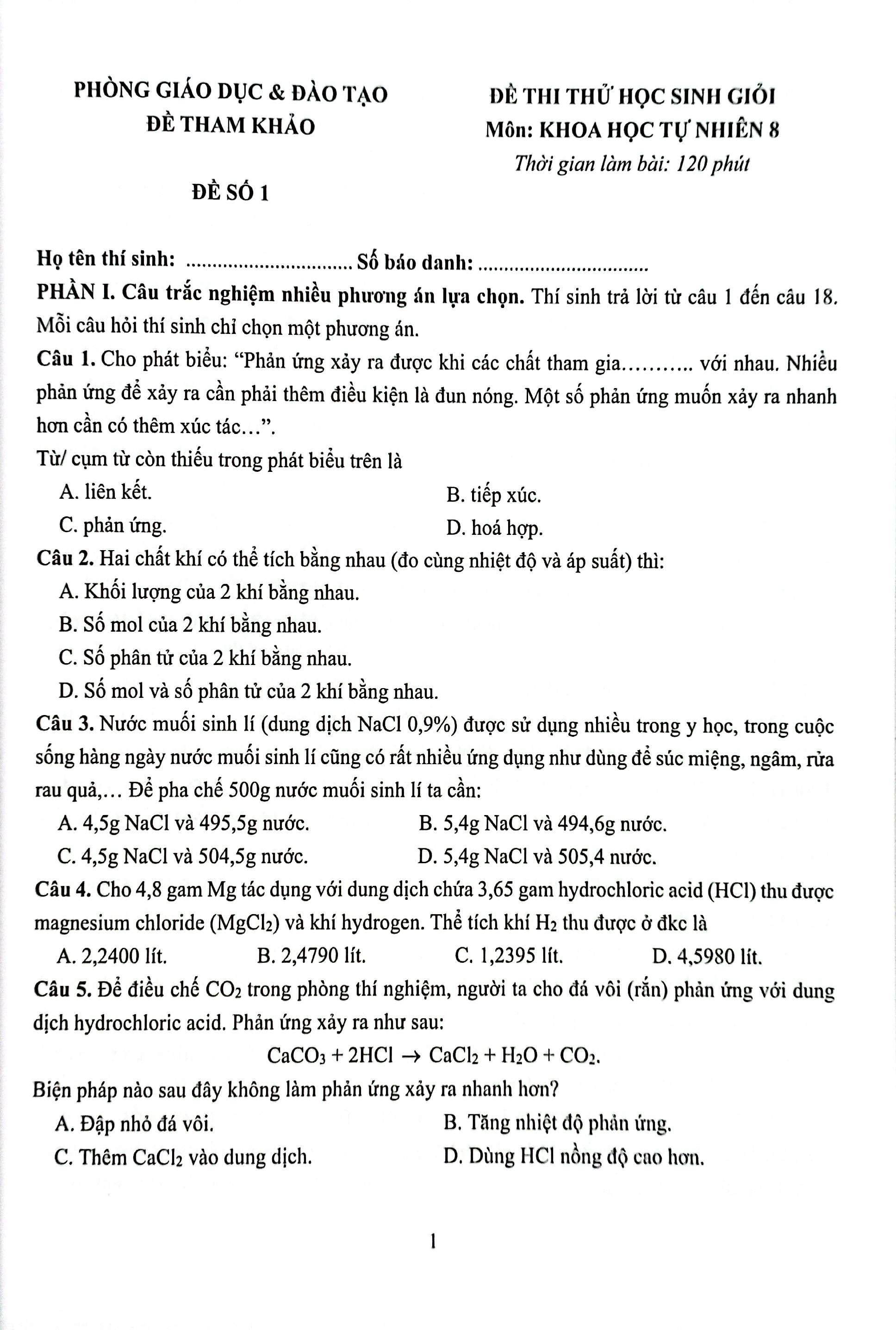 38 đề thi học sinh giỏi khoa học tự nhiên lớp 8 (biên soạn theo cấu trúc mới - dùng chung cho các bộ sgk hiện hành)
