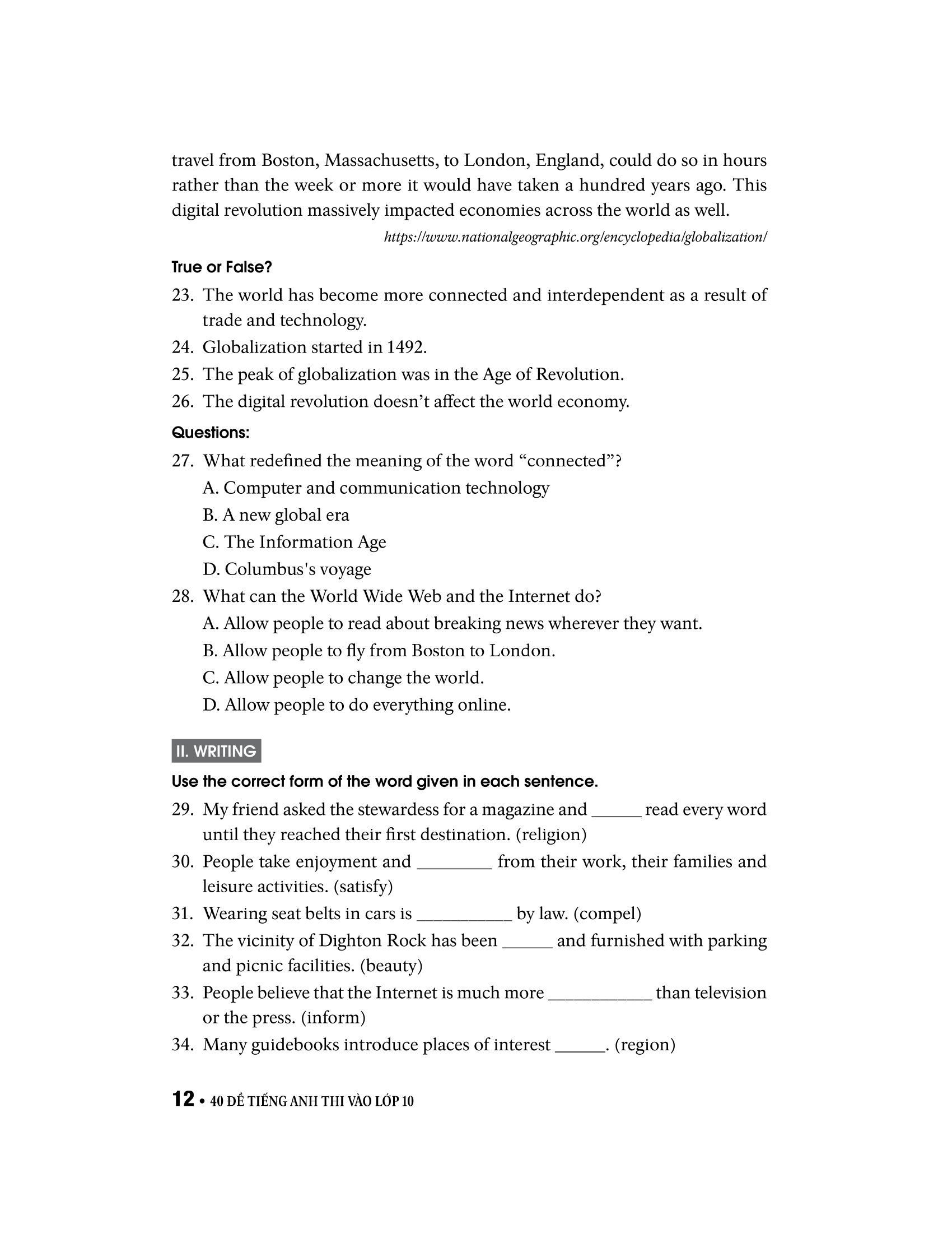 40 đề tiếng anh thi vào lớp 10