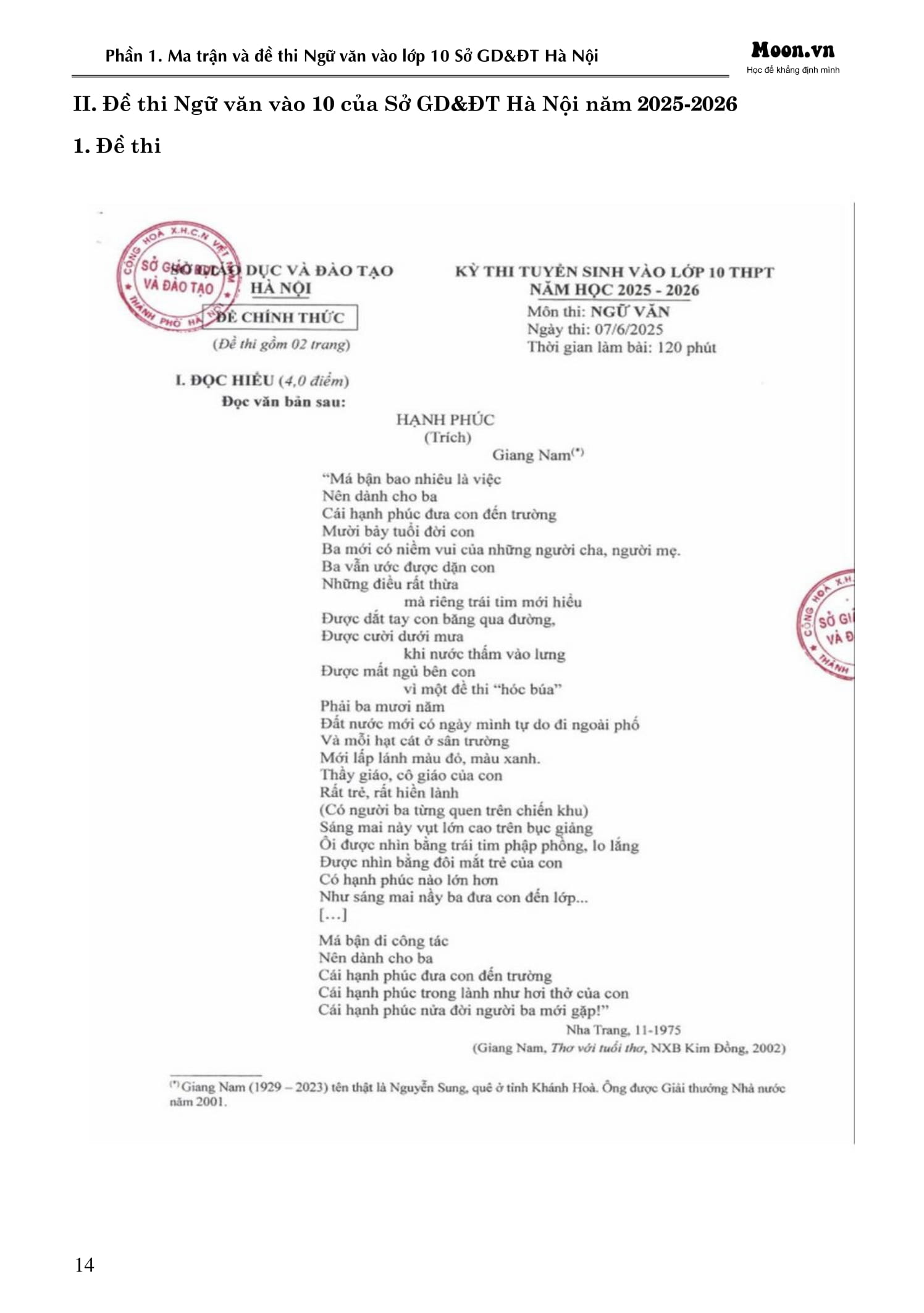 50 Đề Minh Họa Thi Vào 10 - Môn Ngữ Văn (Theo Cấu Trúc Đề Của Sở Giáo Dục Và Đào Tạo Hà Nội)