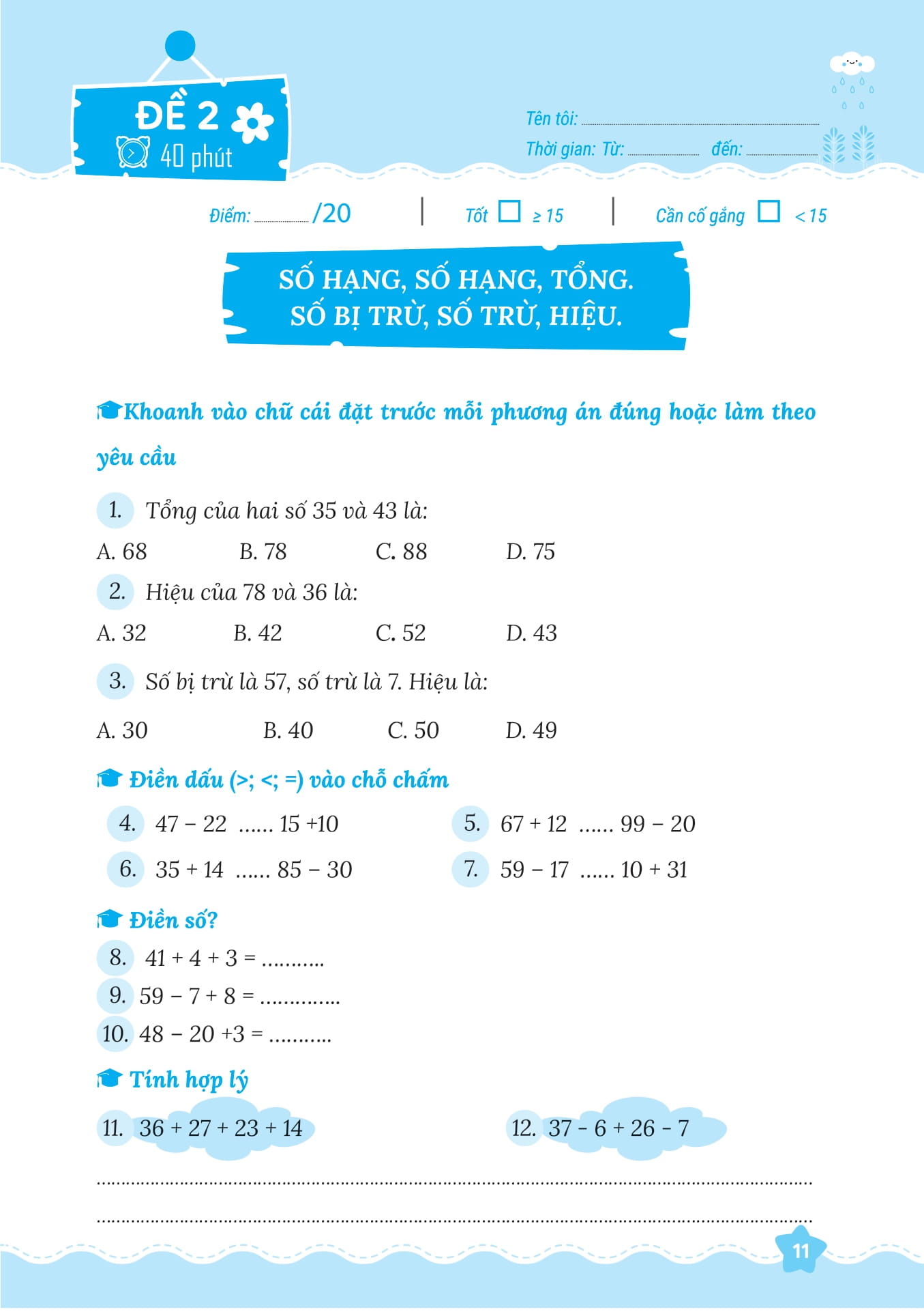 50 đề tăng điểm nhanh toán lớp 2