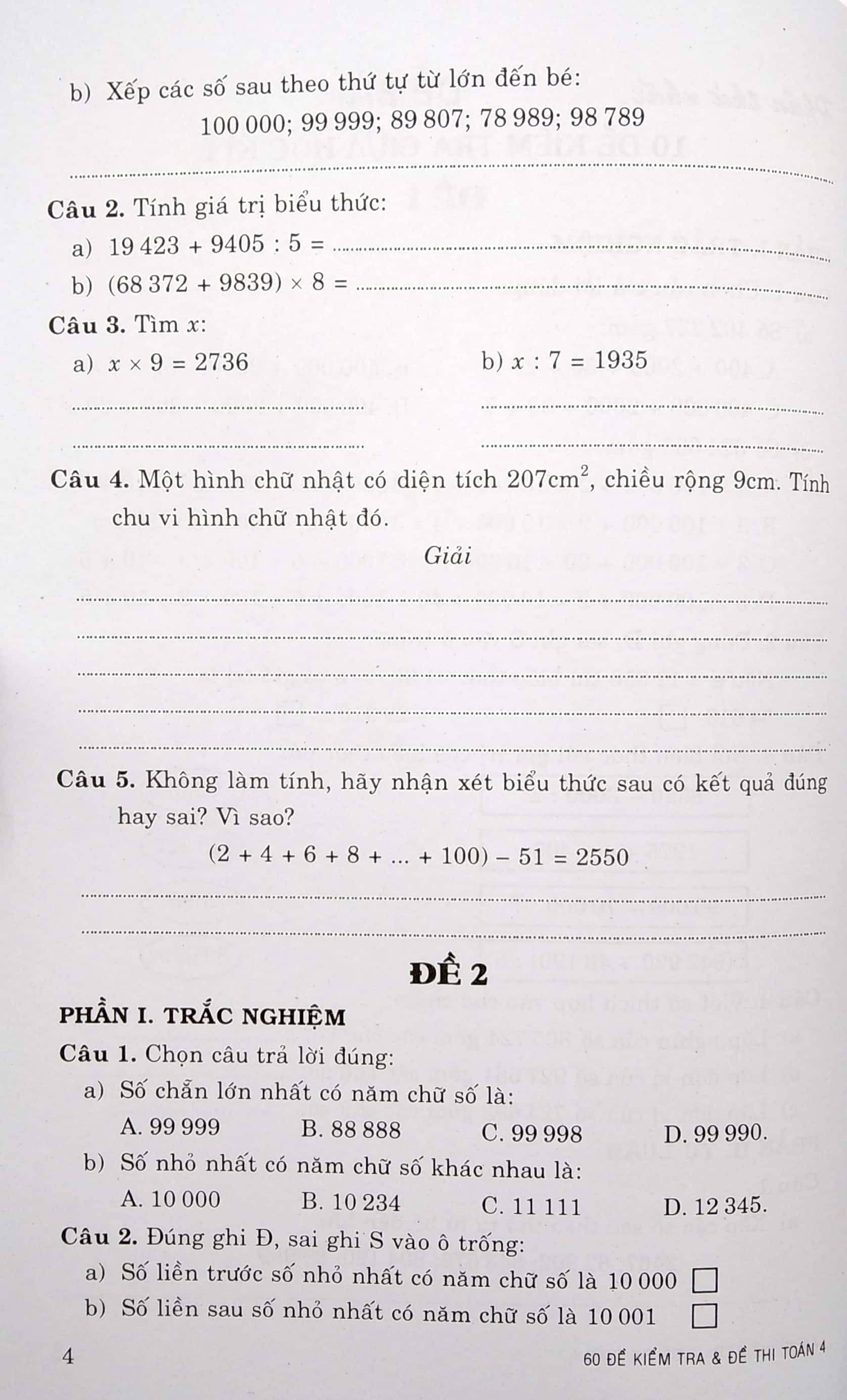 60 đề kiểm tra và đề thi toán lớp 4 (tái bản 2023)