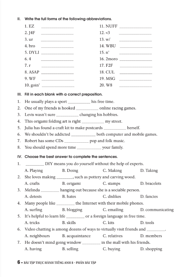 bài tập thực hành tiếng anh 8 theo chương trình mới của bộ giáo dục và đào tạo (không đáp án) - 2020