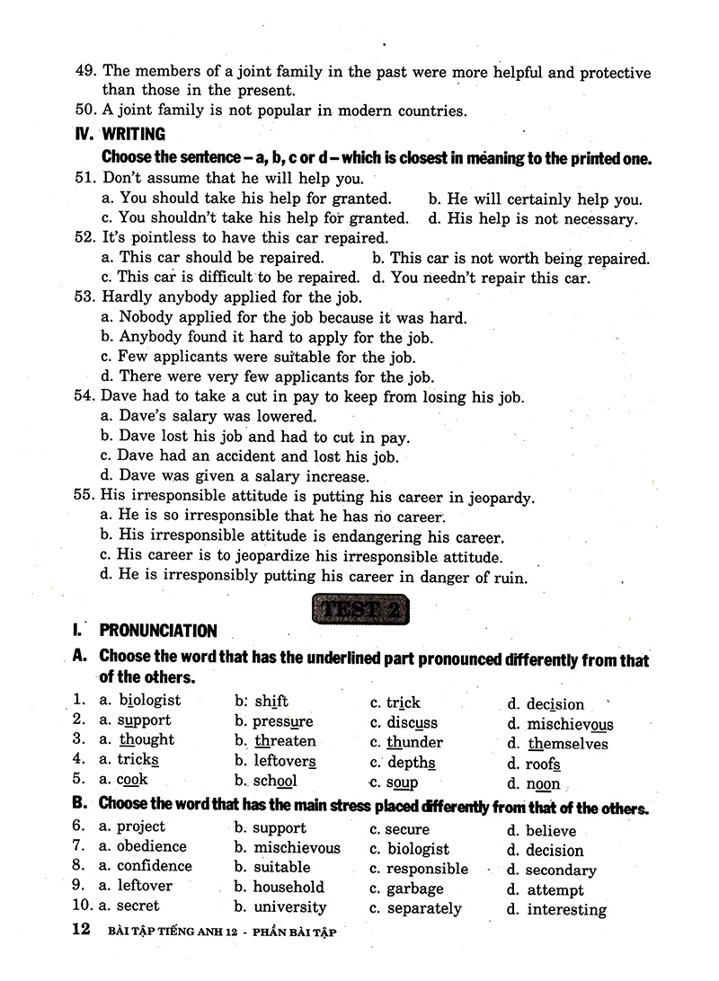 bài tập tiếng anh lớp 12 - không đáp án
