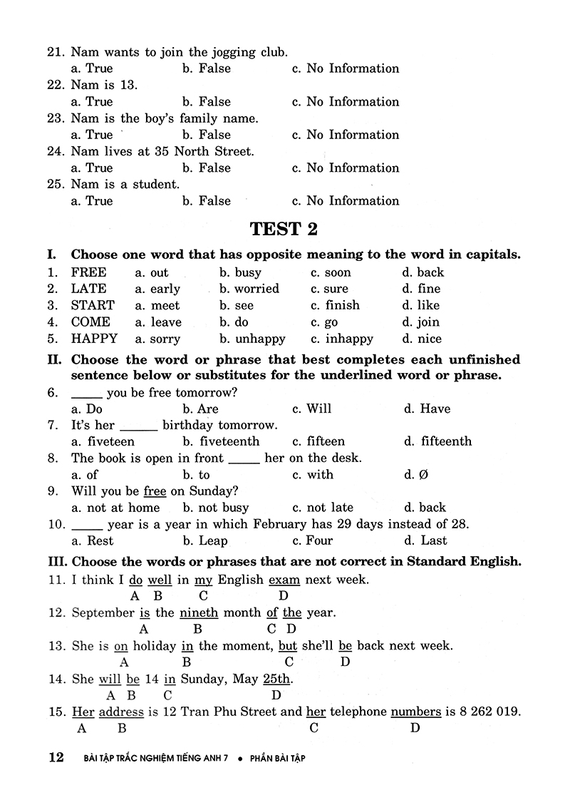 bài tập trắc nghiệm tiếng anh 7 (không đáp án) (tái bản 2018)