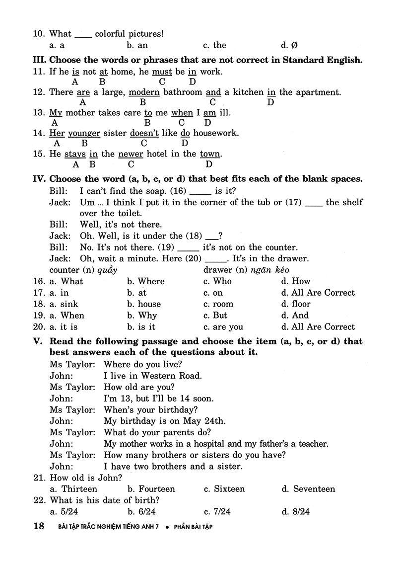 bài tập trắc nghiệm tiếng anh 7 (không đáp án) (tái bản 2018)