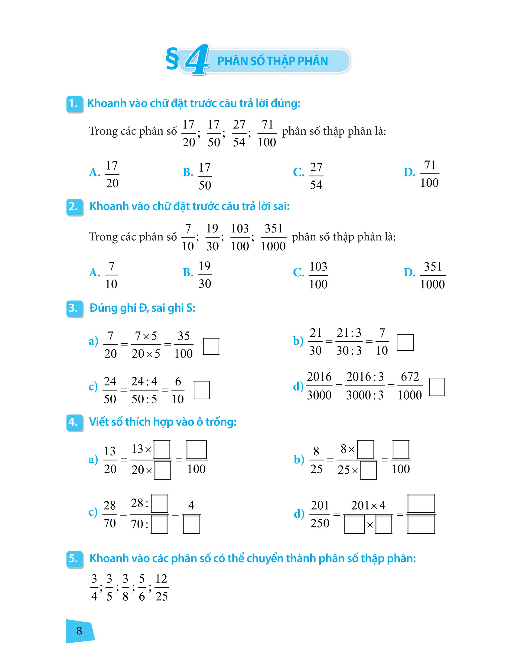 bài tập trắc nghiệm và đề tự kiểm tra toán 5
