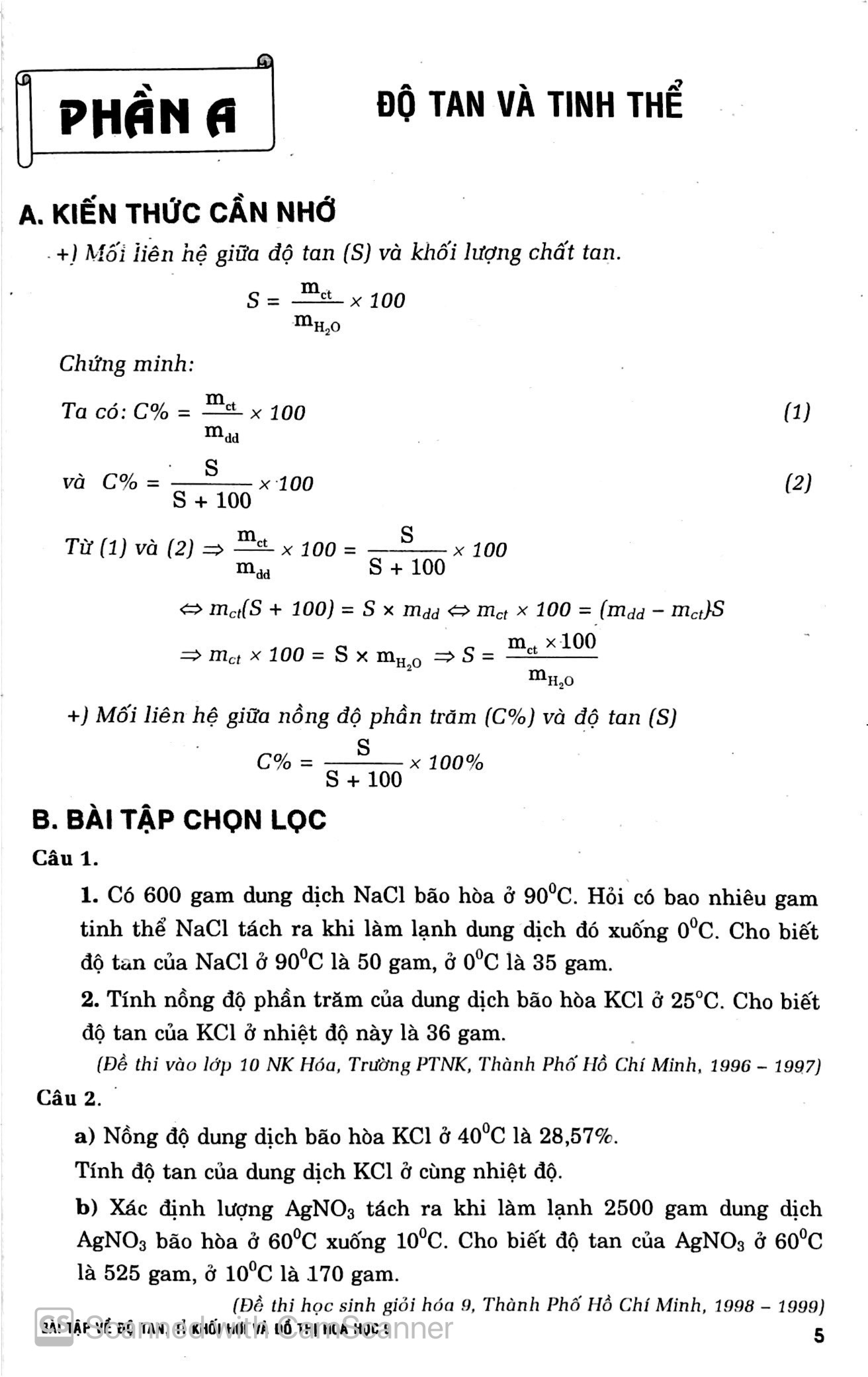 bài tập về độ tan - tỉ khối hơi và đồ thị - hóa học 9