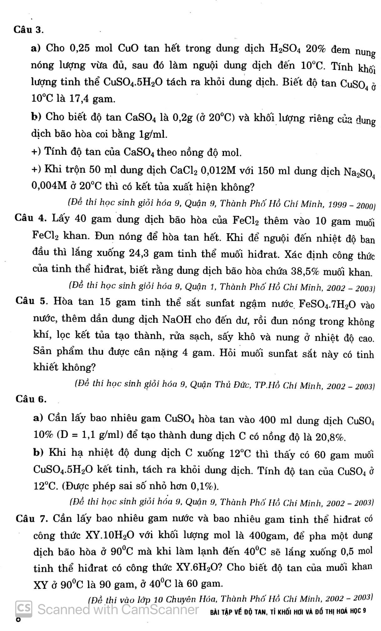 bài tập về độ tan - tỉ khối hơi và đồ thị - hóa học 9
