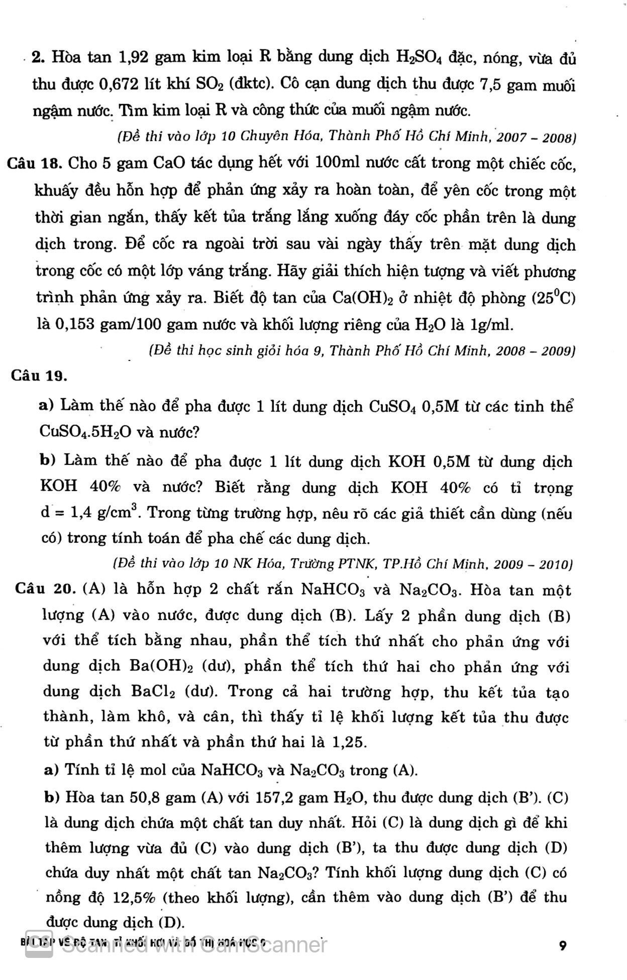 bài tập về độ tan - tỉ khối hơi và đồ thị - hóa học 9