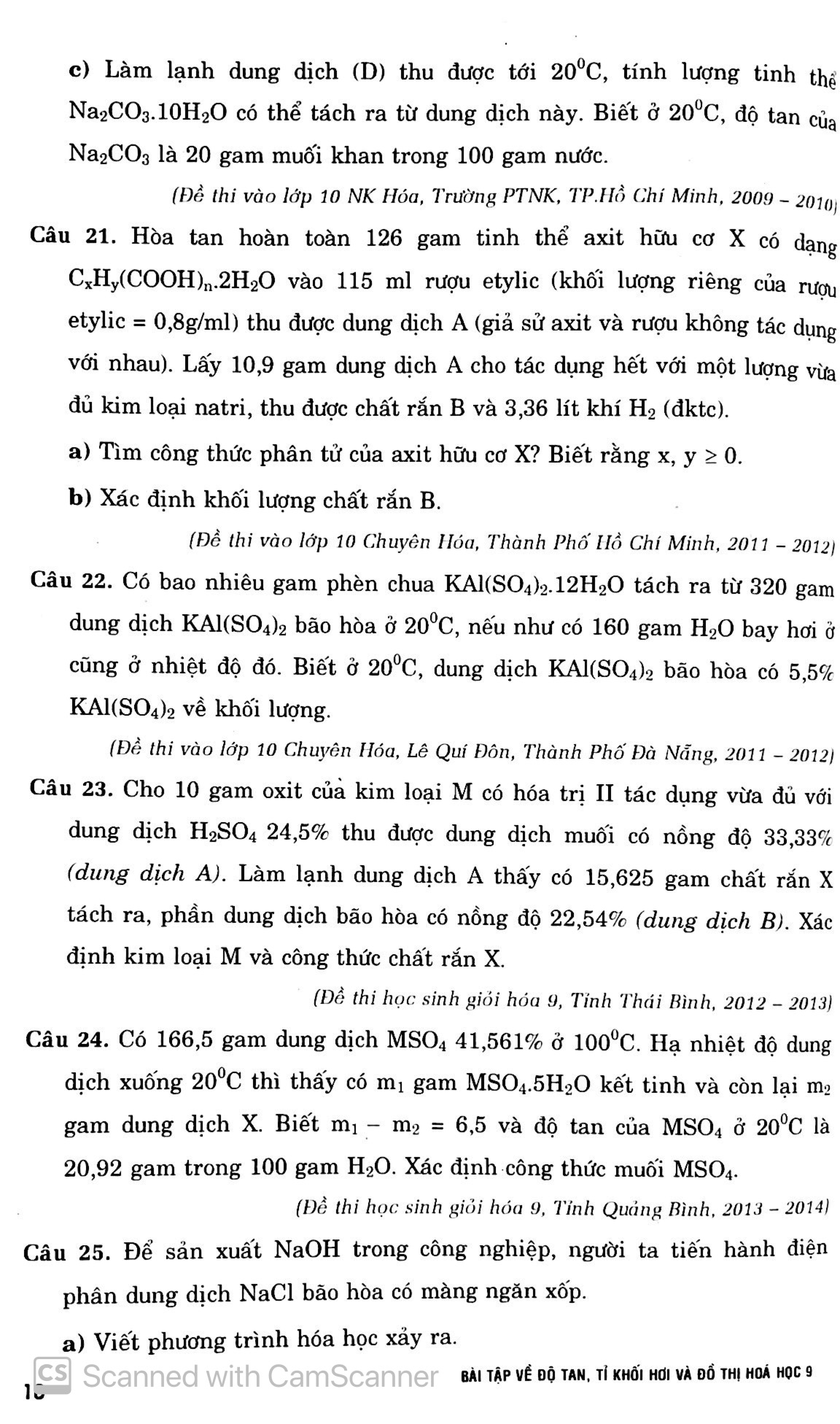 bài tập về độ tan - tỉ khối hơi và đồ thị - hóa học 9