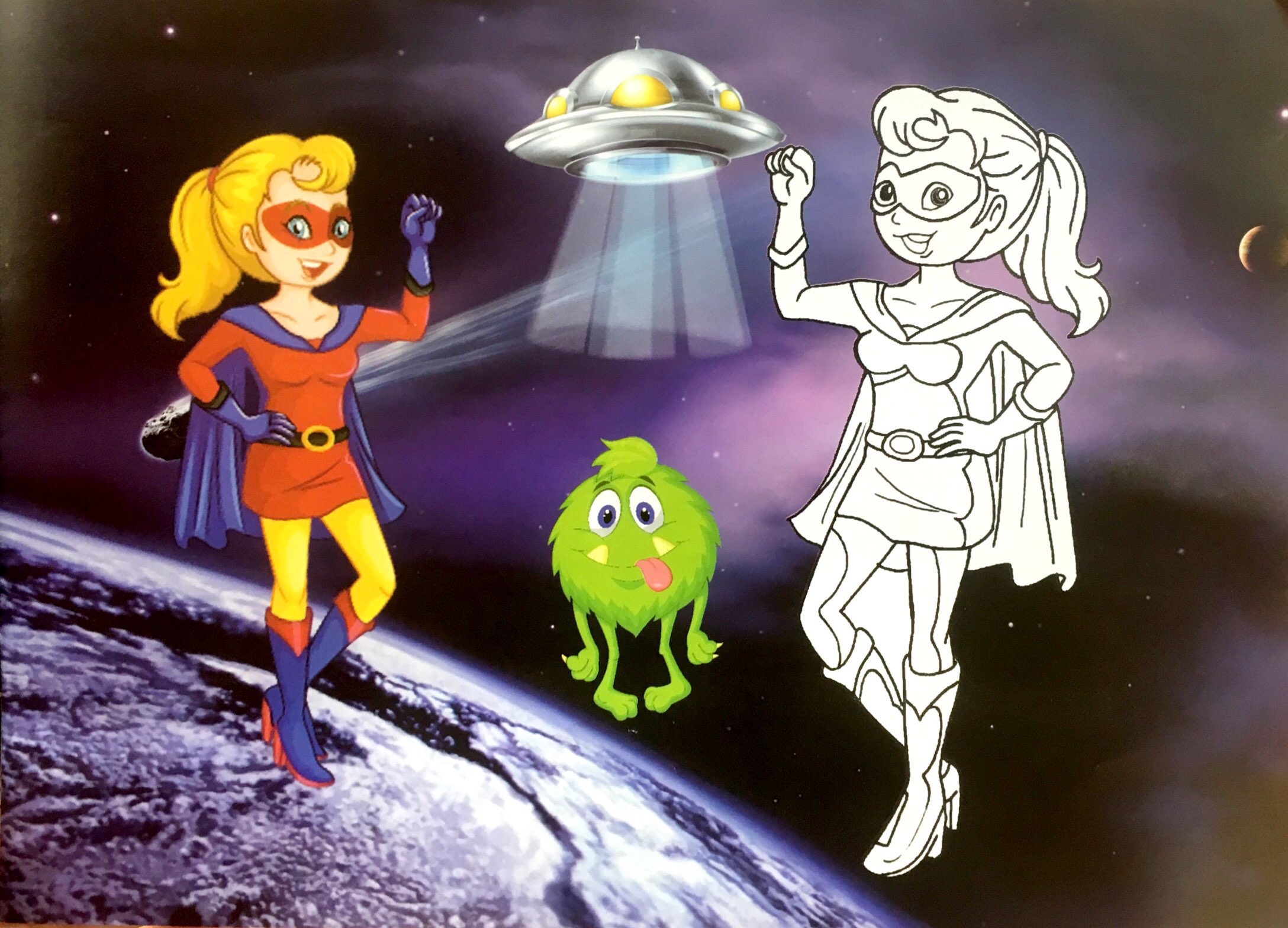 bé chơi với bút màu - siêu nhân với vũ trụ