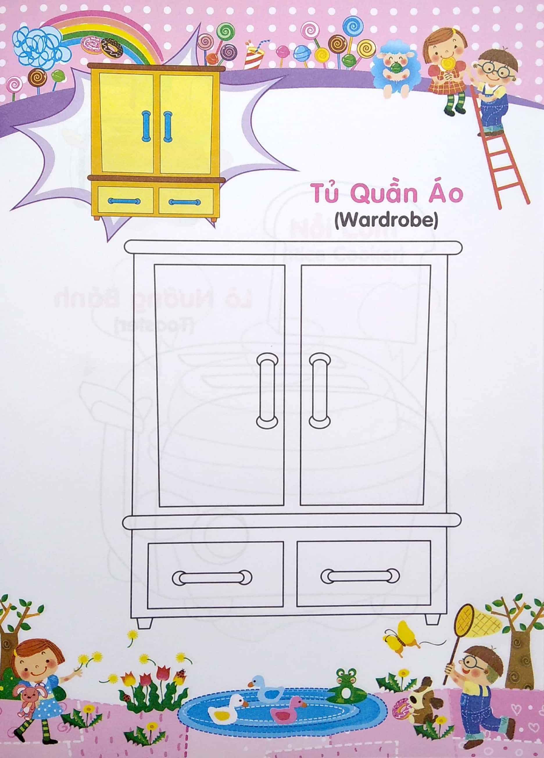 bé tập tô màu và học tiếng anh theo chủ đề - đồ dùng gia đình