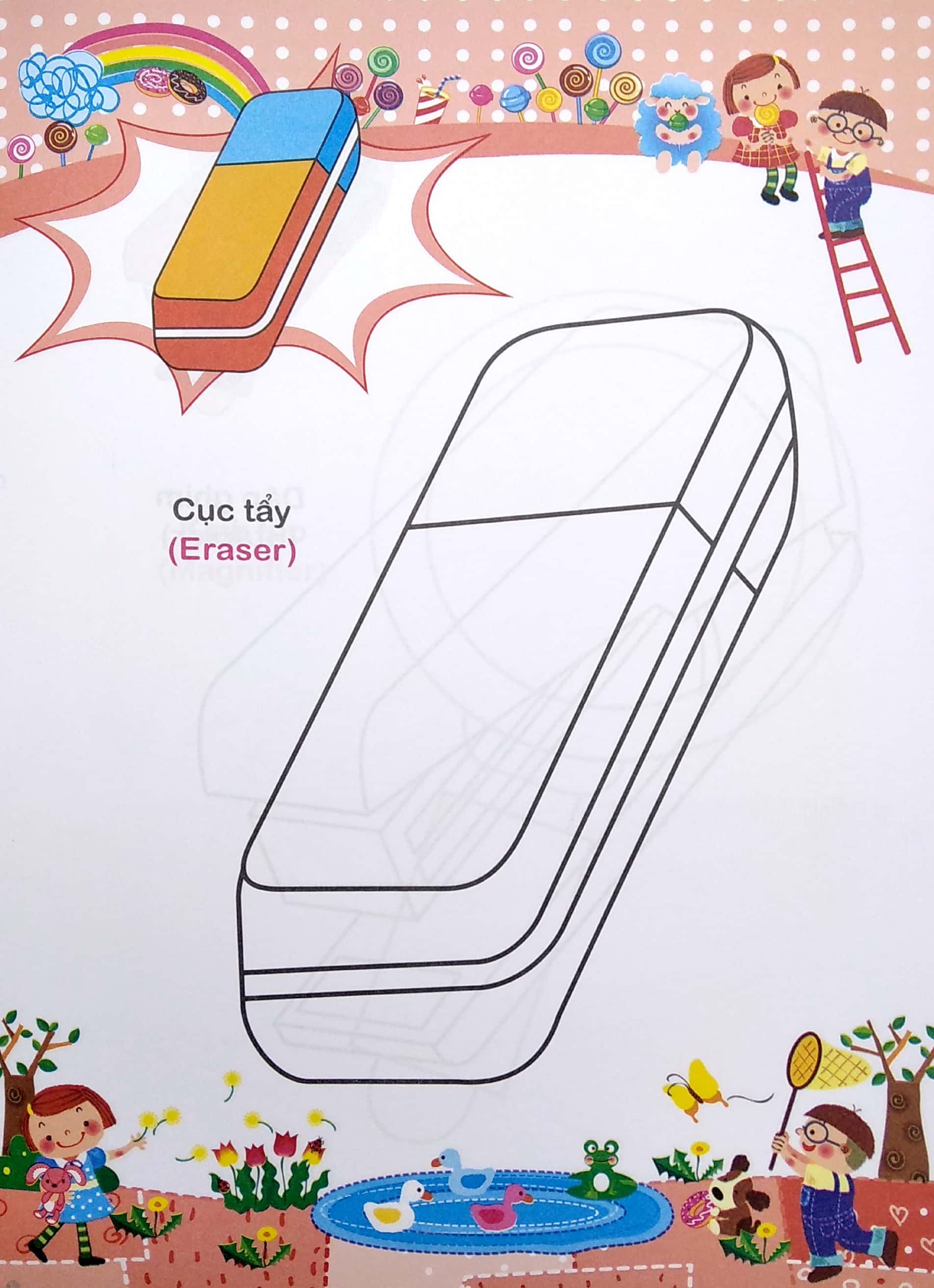 bé tập tô màu và học tiếng anh theo chủ đề - đồ dùng học tập