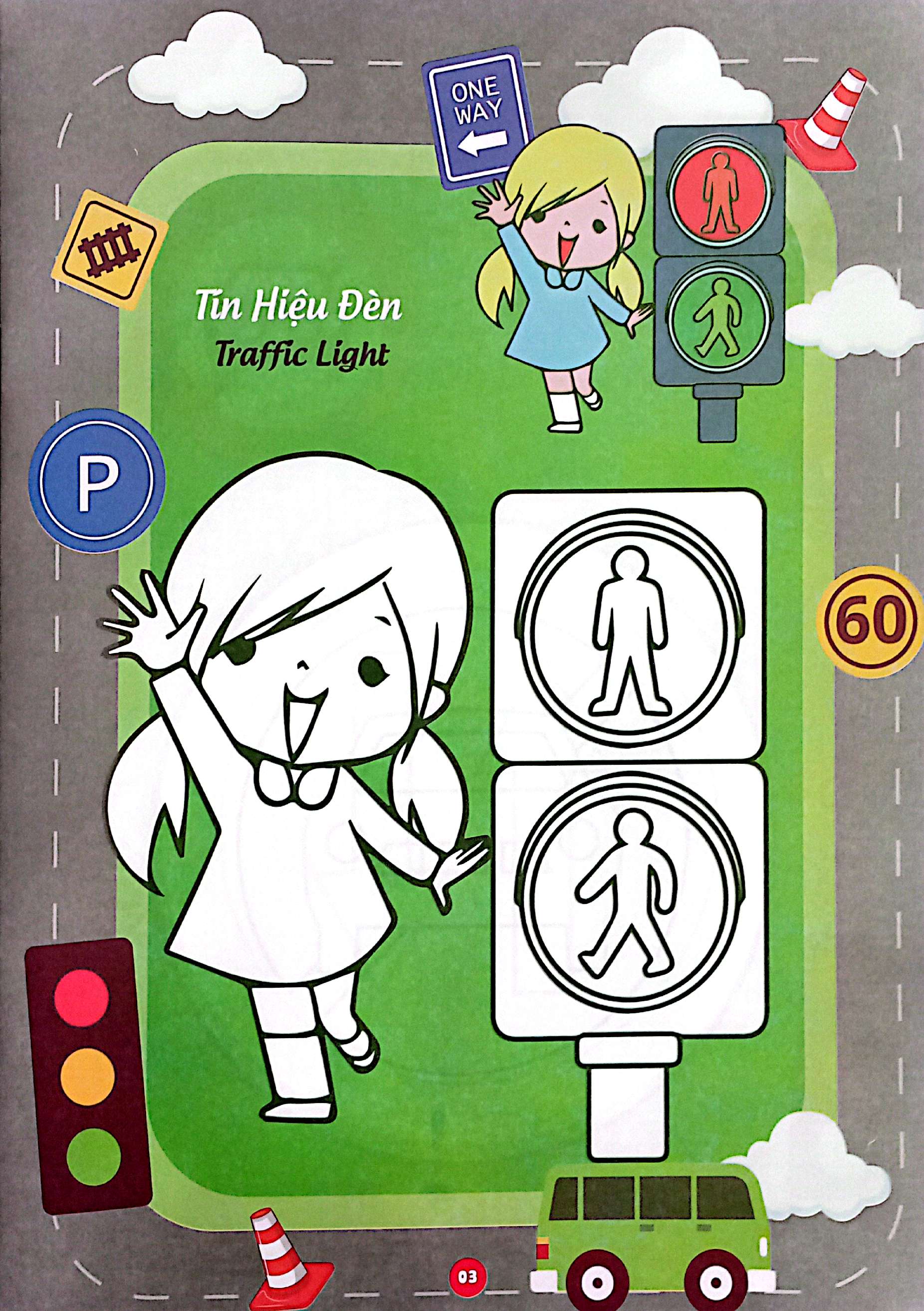 bé thỏa sức sáng tạo phát triển iq-eq-cq - bé tô màu và học tiếng anh theo chủ đề - an toàn giao thông