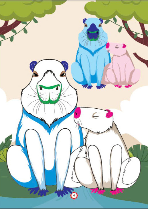 bé tô màu capybara bên gia đình