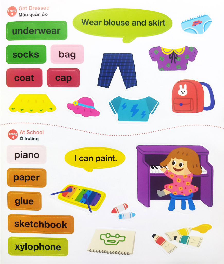 bé vui học tiếng anh cùng sticker - my day - một ngày của tớ