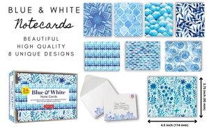 blue & white note cards, 24 blank cards: 8 unique designs with 25 patterned envelopes