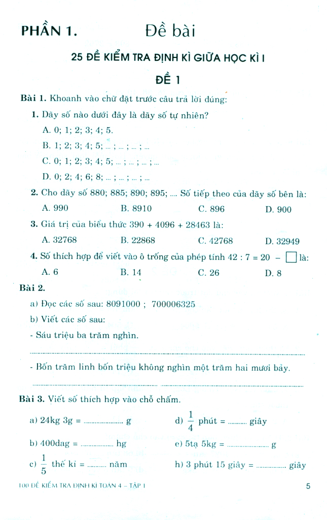bộ 100 đề kiểm tra định kì toán 4 - tập 1 - có đáp án và lời giải (biên soạn theo chương trình gdpt mới)