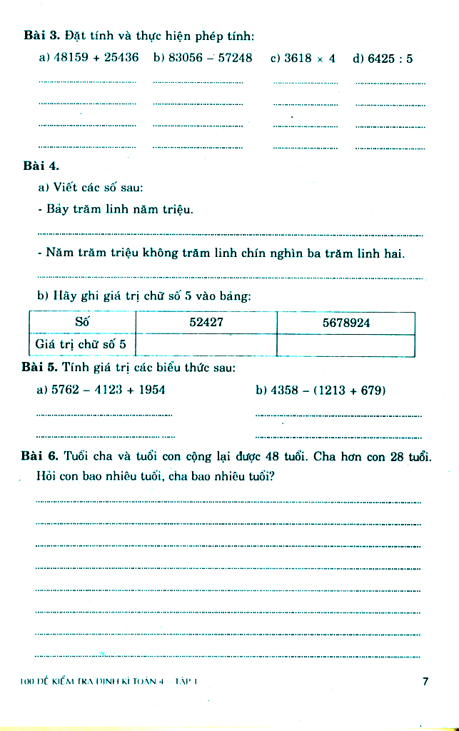 bộ 100 đề kiểm tra định kì toán 4 - tập 1 - có đáp án và lời giải (biên soạn theo chương trình gdpt mới)