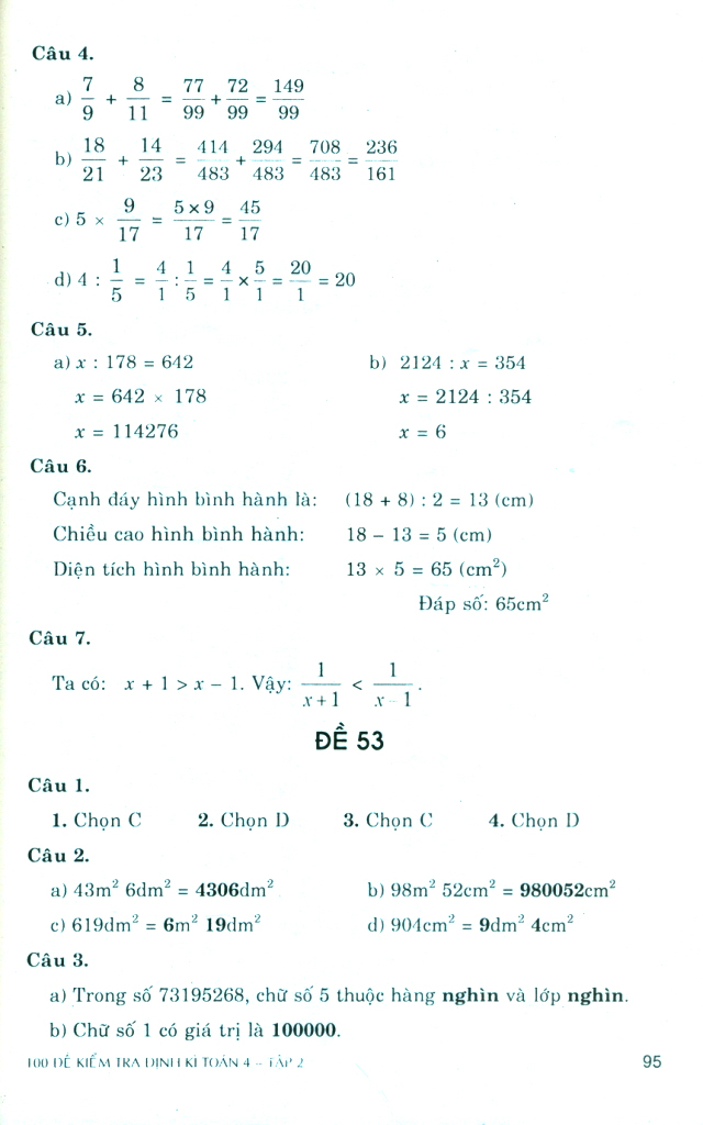 bộ 100 đề kiểm tra định kì toán 4 - tập 2 - có đáp án và lời giải (biên soạn theo chương trình gdpt mới)