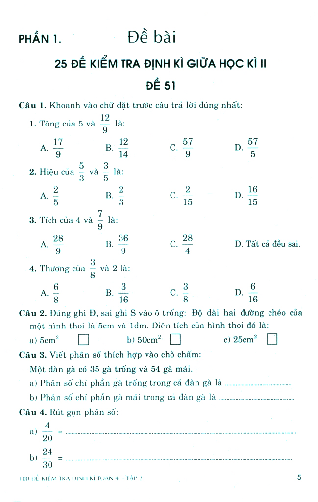 bộ 100 đề kiểm tra định kì toán 4 - tập 2 - có đáp án và lời giải (biên soạn theo chương trình gdpt mới)