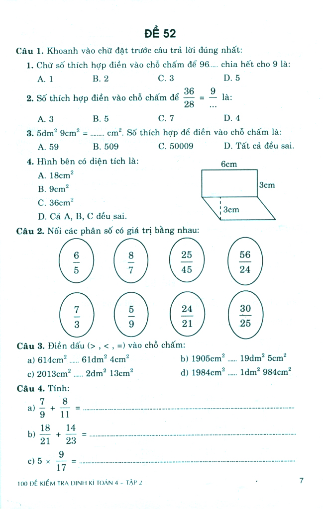 bộ 100 đề kiểm tra định kì toán 4 - tập 2 - có đáp án và lời giải (biên soạn theo chương trình gdpt mới)