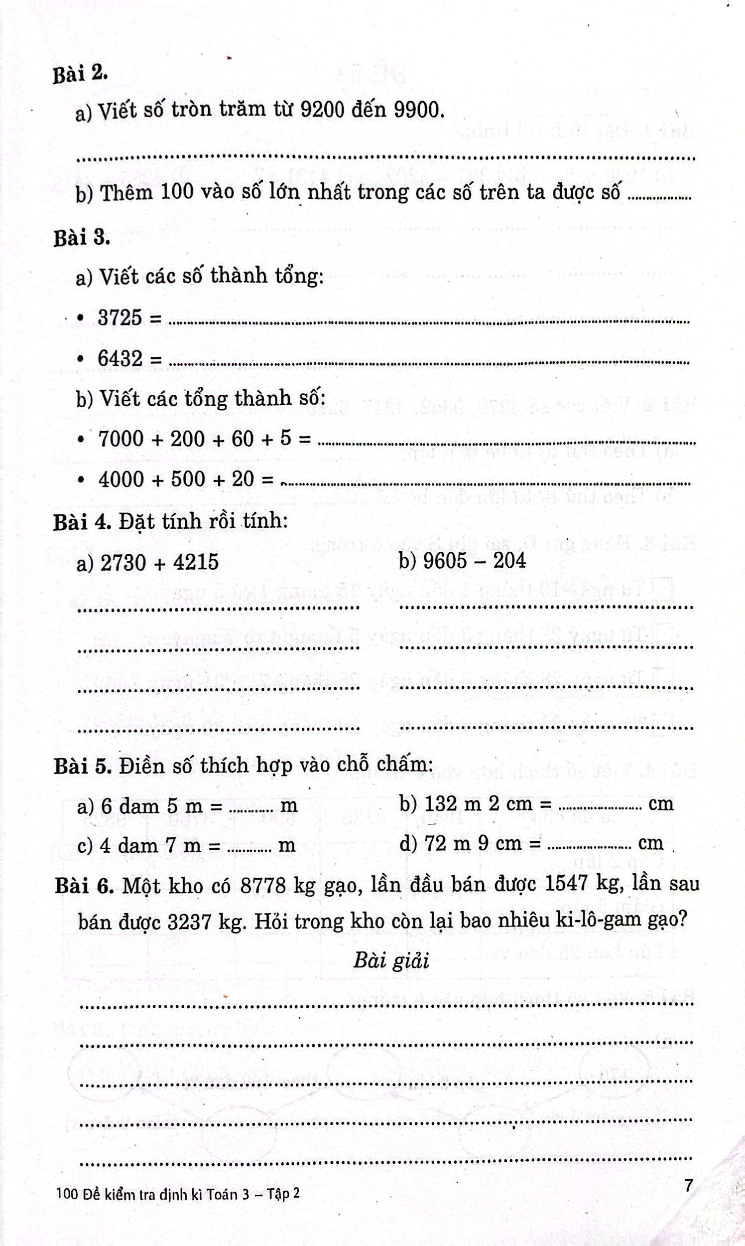 bộ 100 đề kiểm tra định kỳ toán 3 - tập hai (biên soạn theo chương trình giáo dục phổ thông mới)