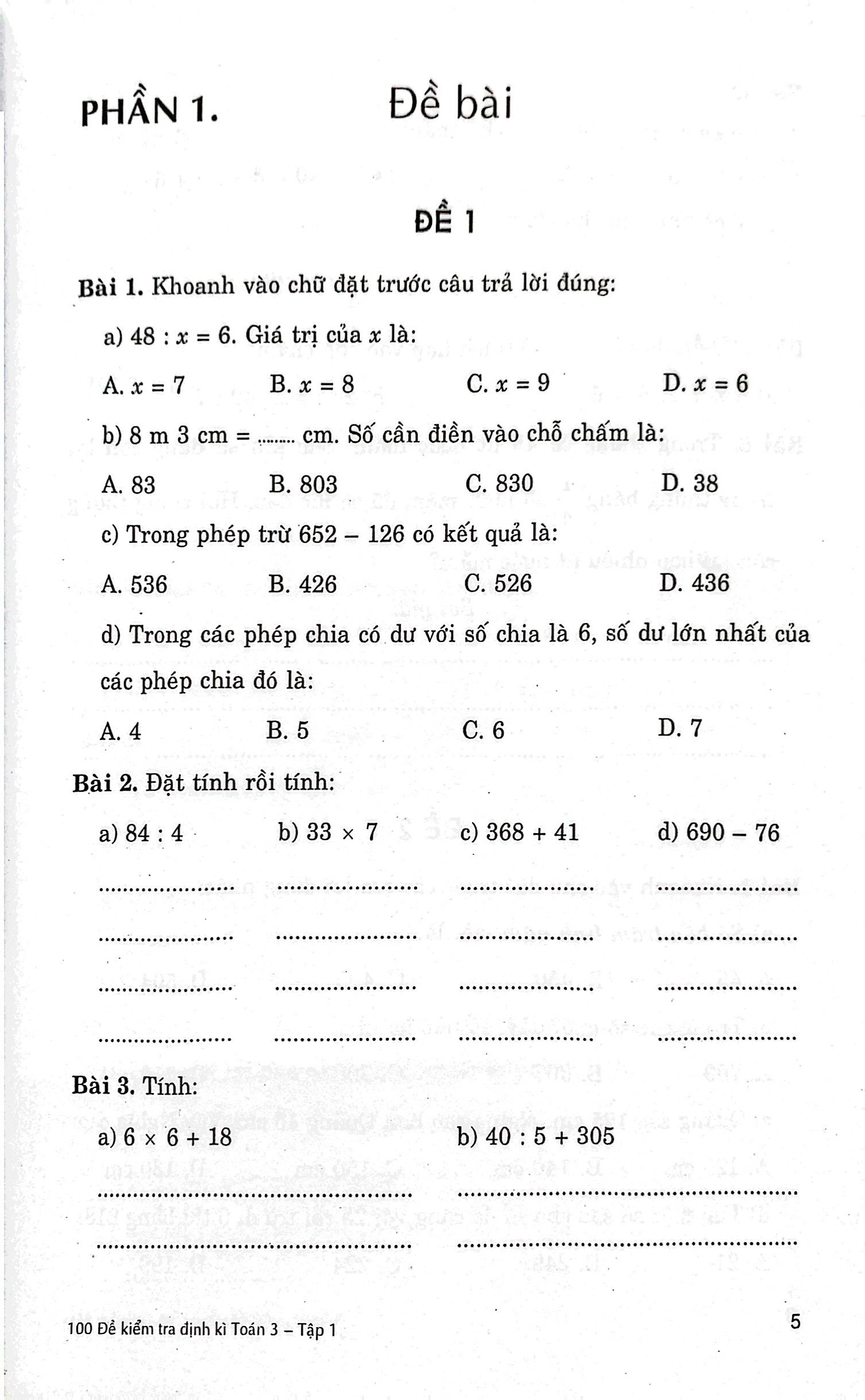 bộ 100 đề kiểm tra định kỳ toán 3 - tập một (biên soạn theo chương trình giáo dục phổ thông mới)