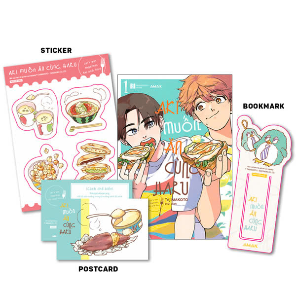 Bo
Aki Muon An Cung Haru - Let's Eat Together, Aki And Haru - Tap 1 - Tang Kem Sticker + Clear Bookmark + Postcard Hai Mat