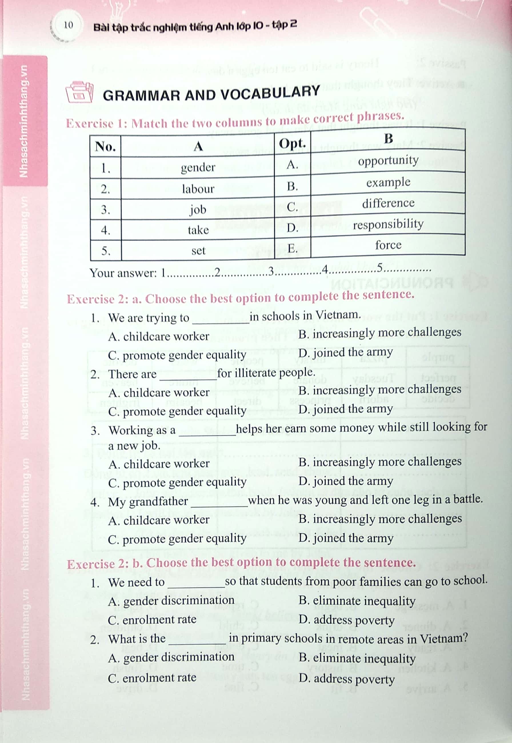 bộ bài tập trắc nghiệm tiếng anh lớp 10 tập 2 - có đáp án