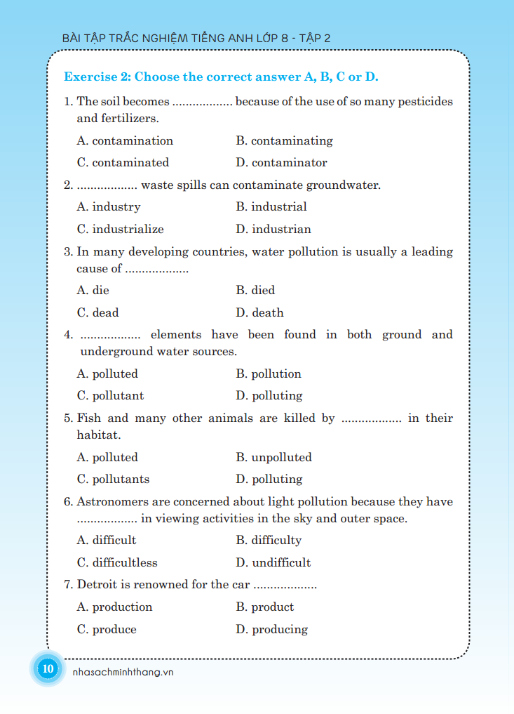 bộ bài tập trắc nghiệm tiếng anh lớp 8 - tập 2 (có đáp án)
