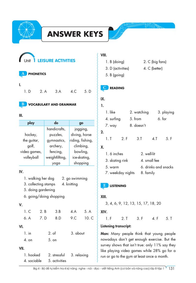 bộ big 4 - bộ đề tự kiểm tra 4 kỹ năng nghe - nói - đọc - viết (cơ bản và nâng cao) tiếng anh lớp 8 - tập 1