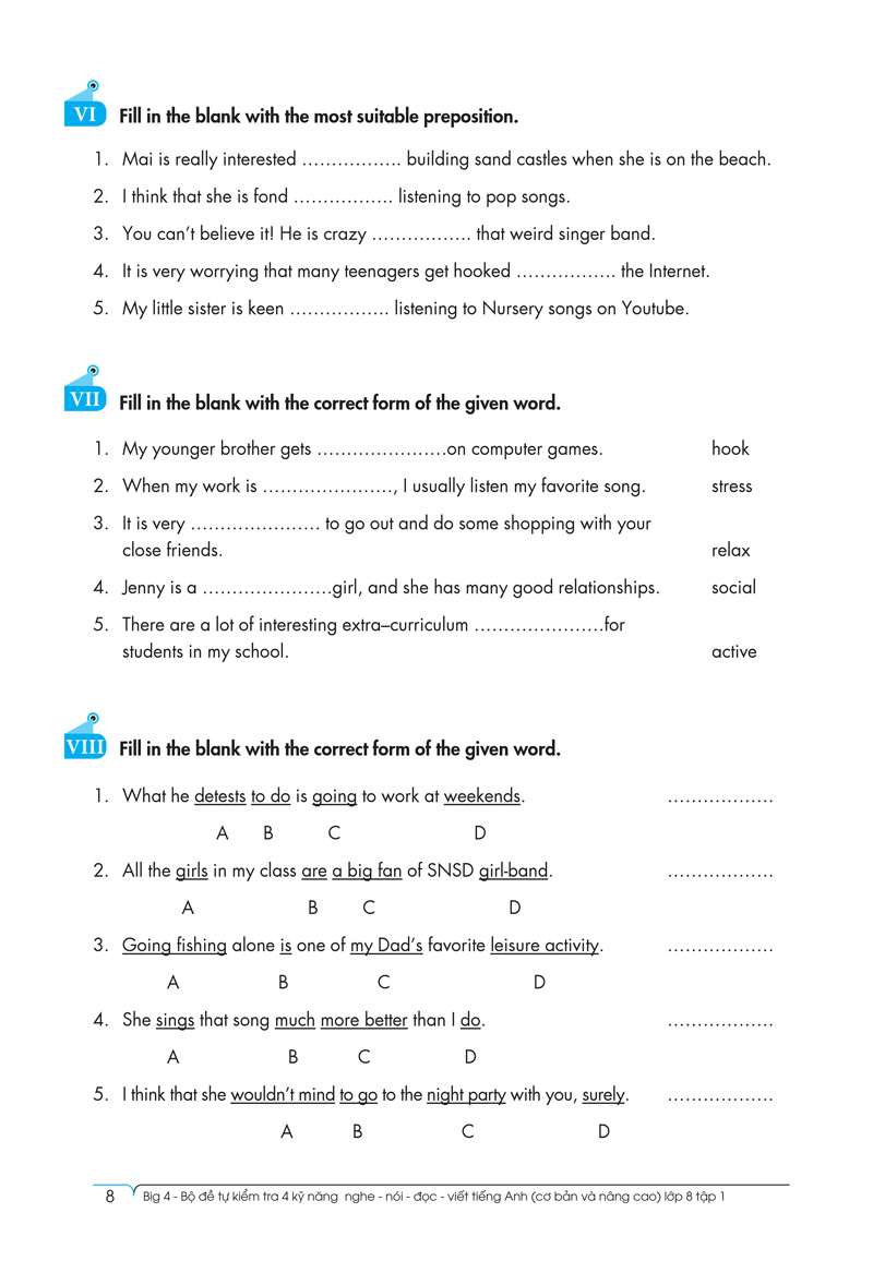 bộ big 4 - bộ đề tự kiểm tra 4 kỹ năng nghe - nói - đọc - viết (cơ bản và nâng cao) tiếng anh lớp 8 - tập 1