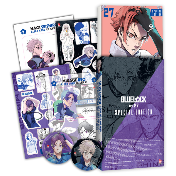 Bo
BlueLock - Tap 27 - Ban Dac Biet - Tang Kem Bo 3 Qua Tang Co Chu Ki Cua Nagi Va Reo (Clear Card + Bang Sticker + Huy Hieu)